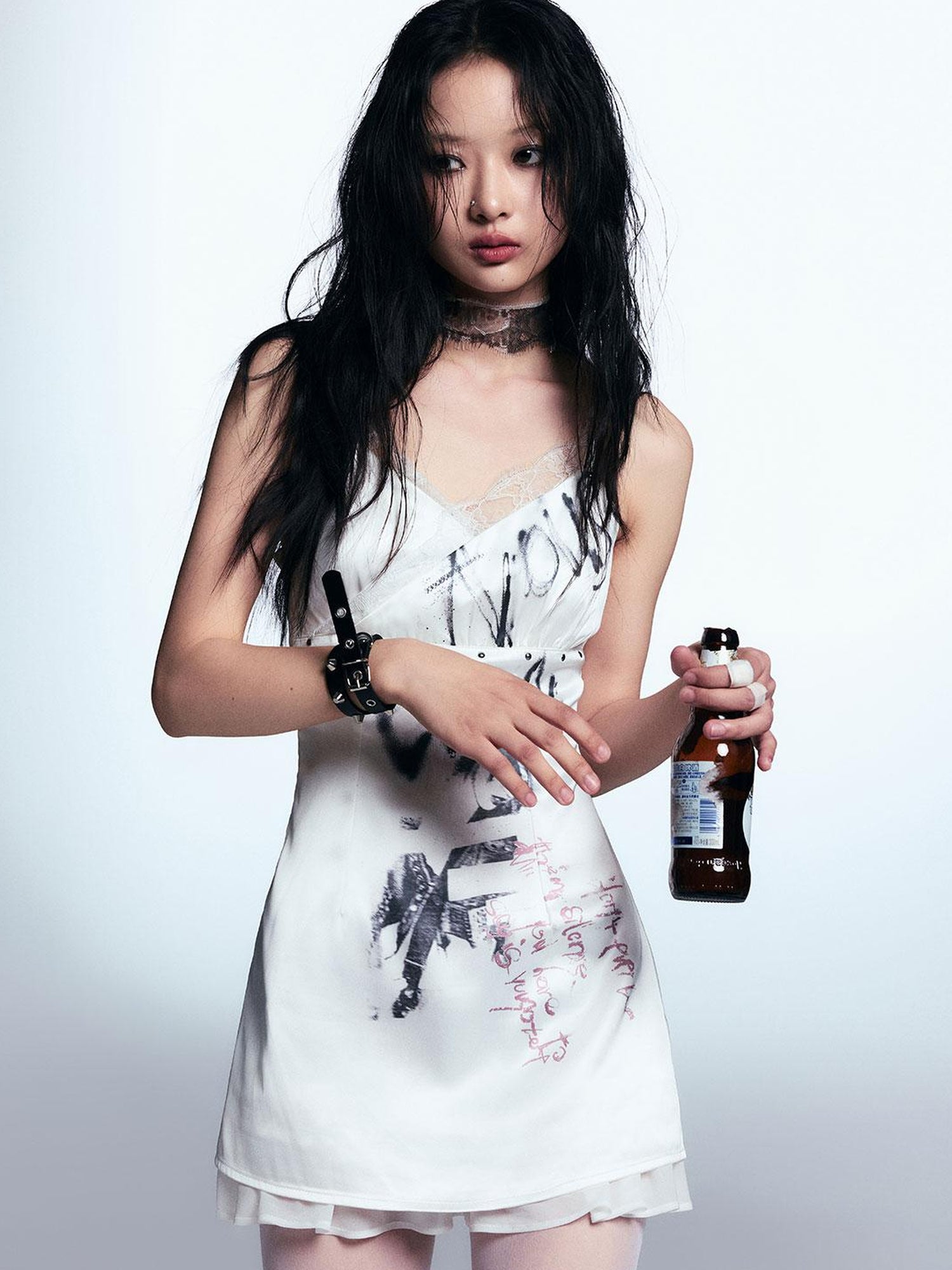 Cest Nous Punk Print Satin Slip Dress With Lace Trim