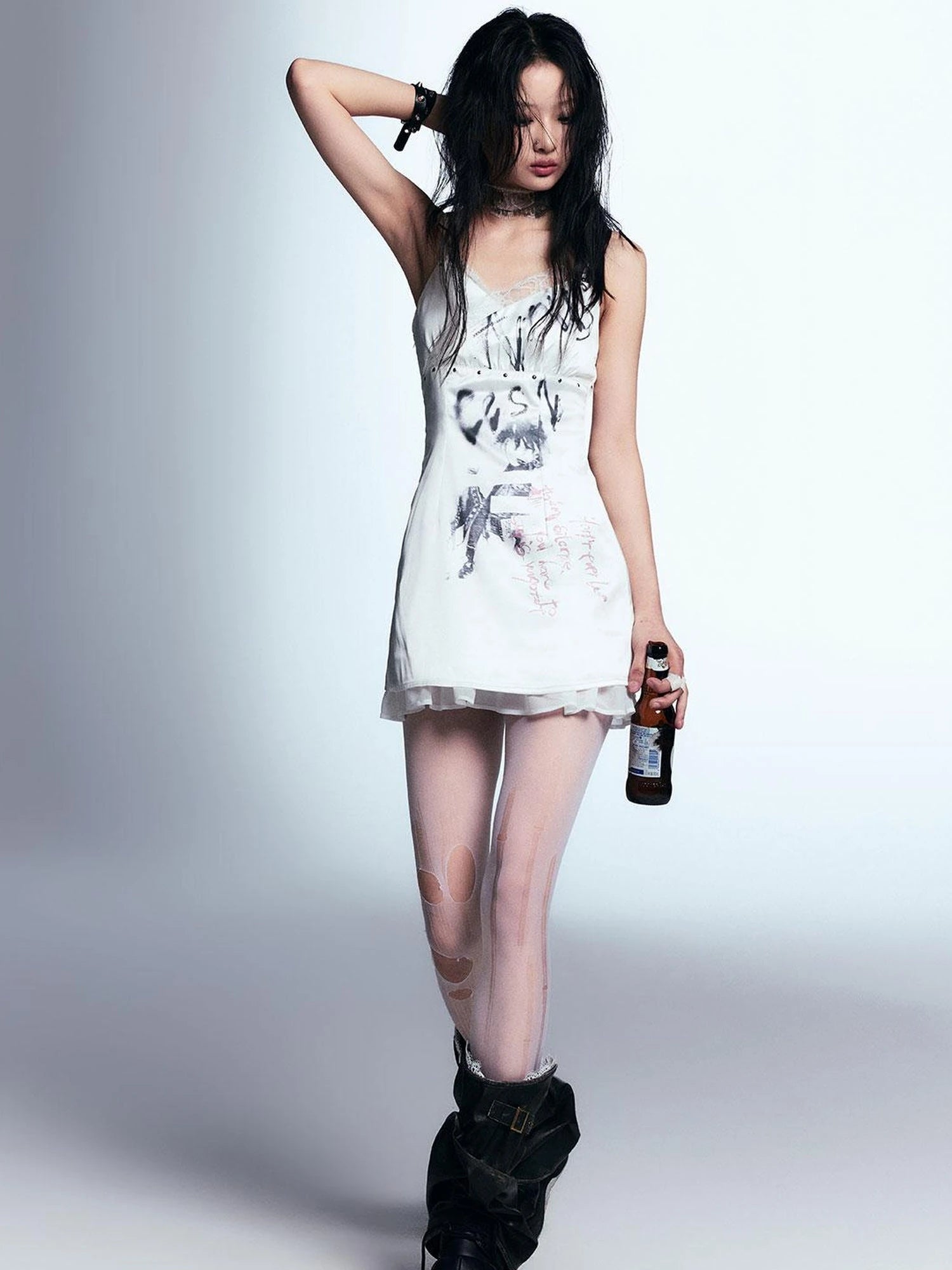 Punk Print Satin Slip Dress With Lace Trim