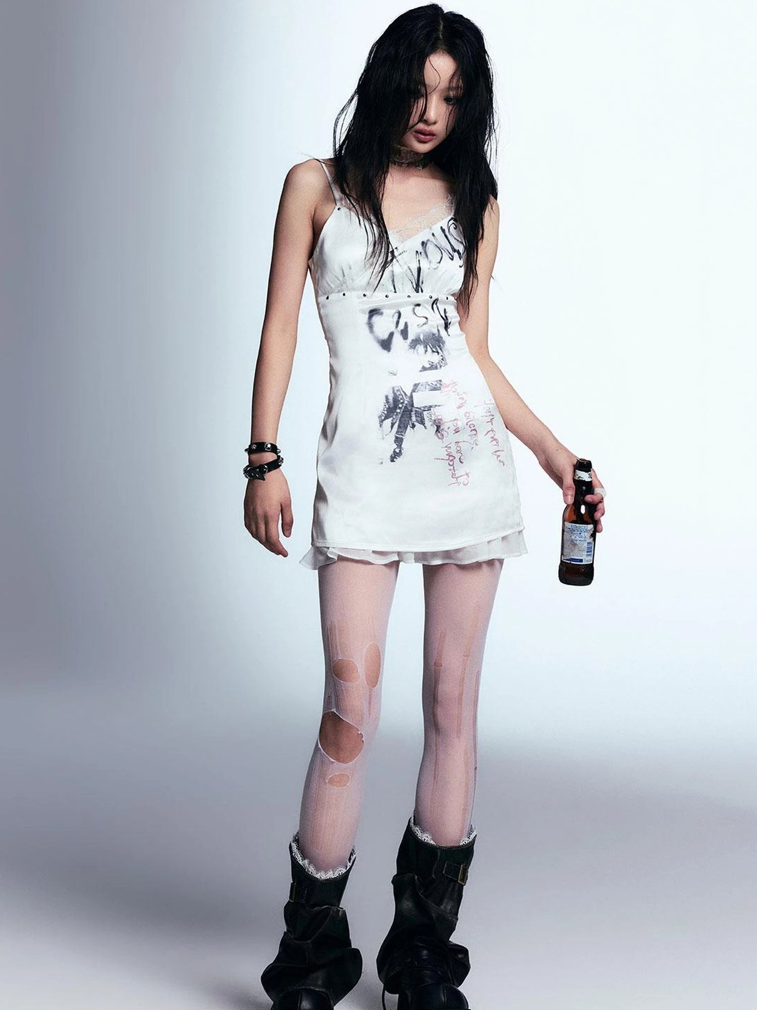 Punk Print Satin Slip Dress With Lace Trim