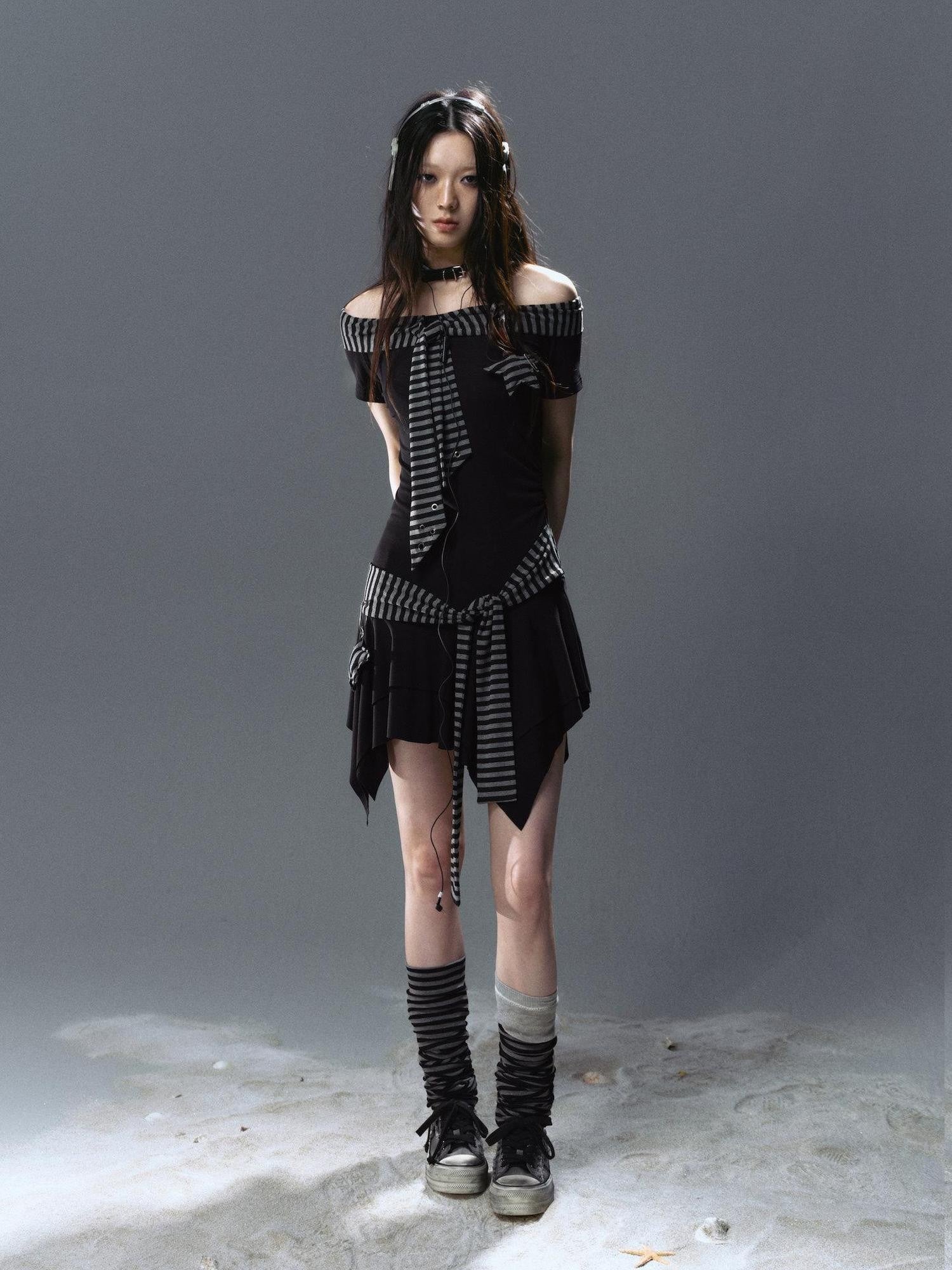 Cest Nous Punk Starfish Striped Lace Up Off Shoulder Women&
