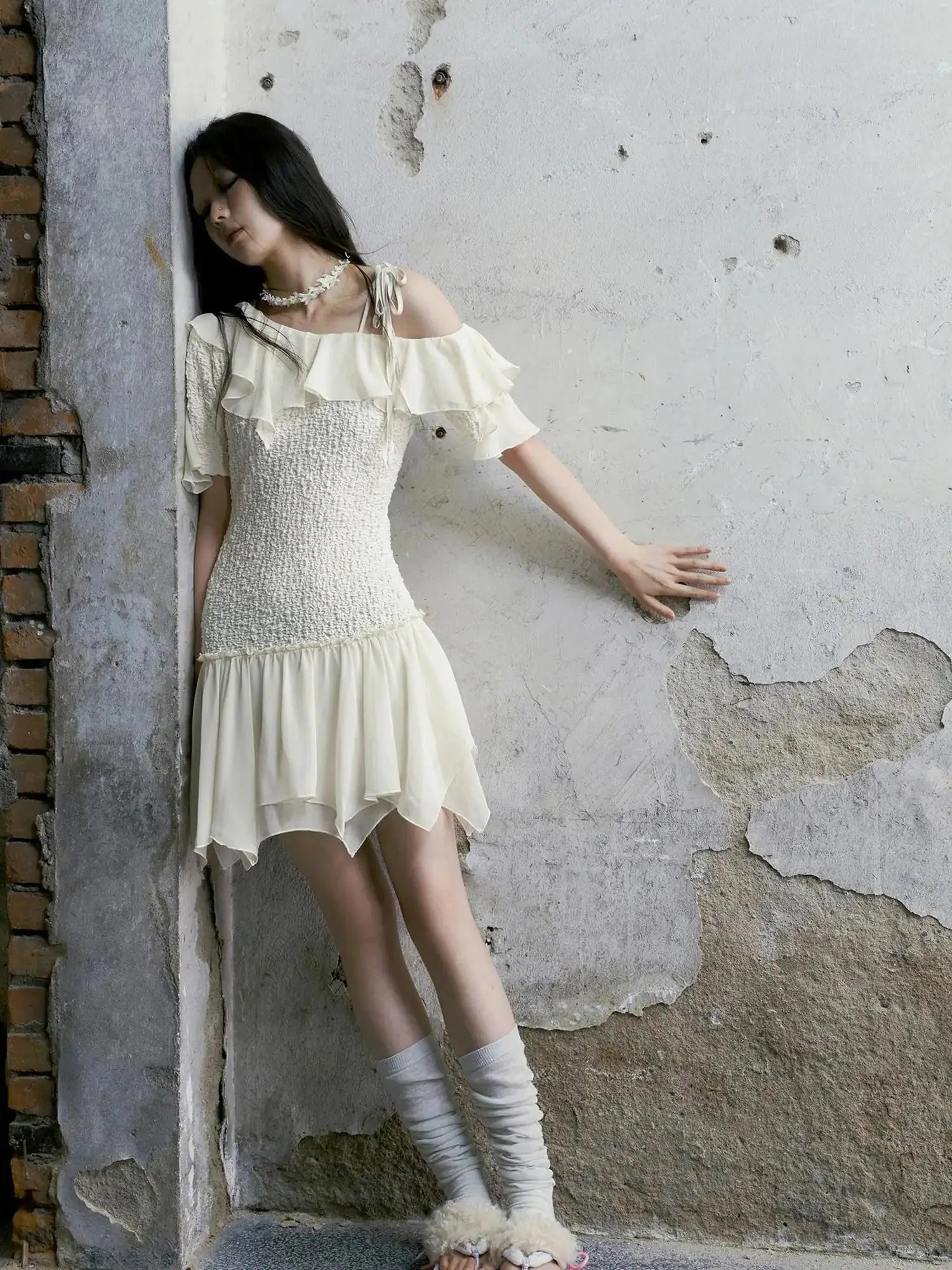 Punk Wave Off Shoulder Knitted Chiffon Dress