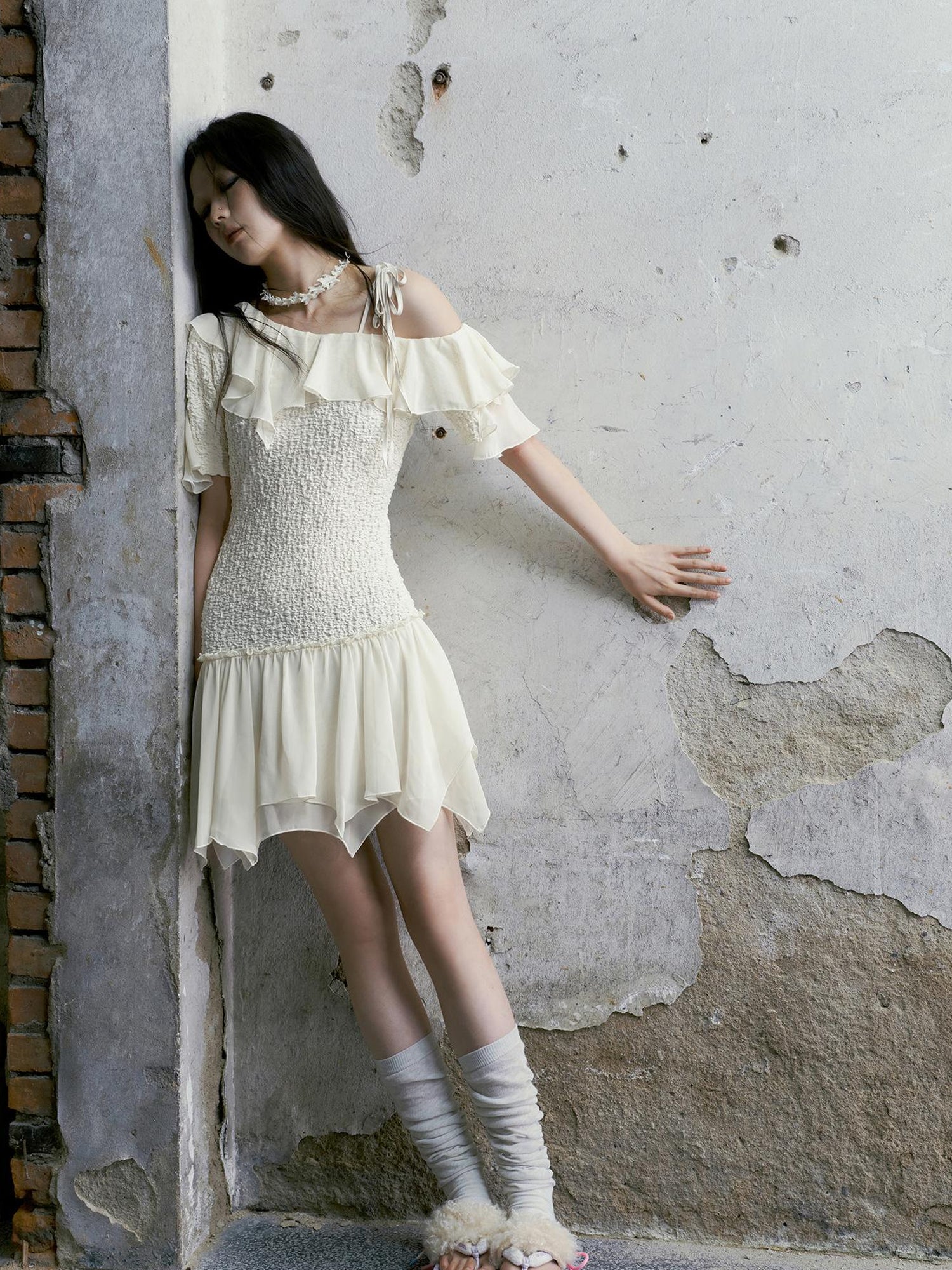 Cest Nous Punk Wave Off Shoulder Knitted Chiffon Dress