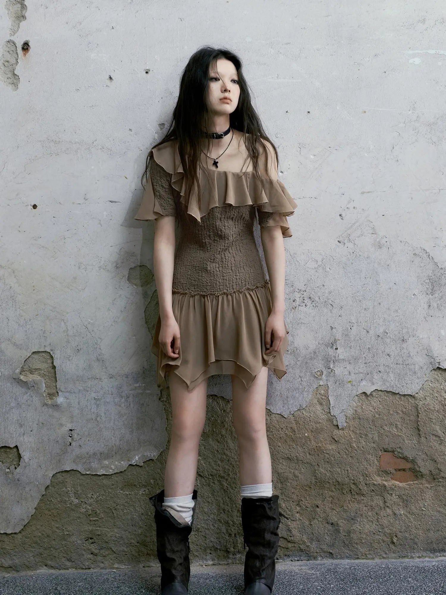 Punk Wave Off Shoulder Knitted Chiffon Dress