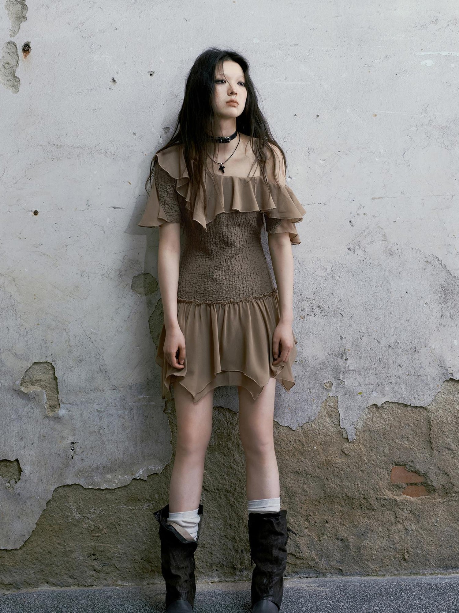Cest Nous Punk Wave Off Shoulder Knitted Chiffon Dress