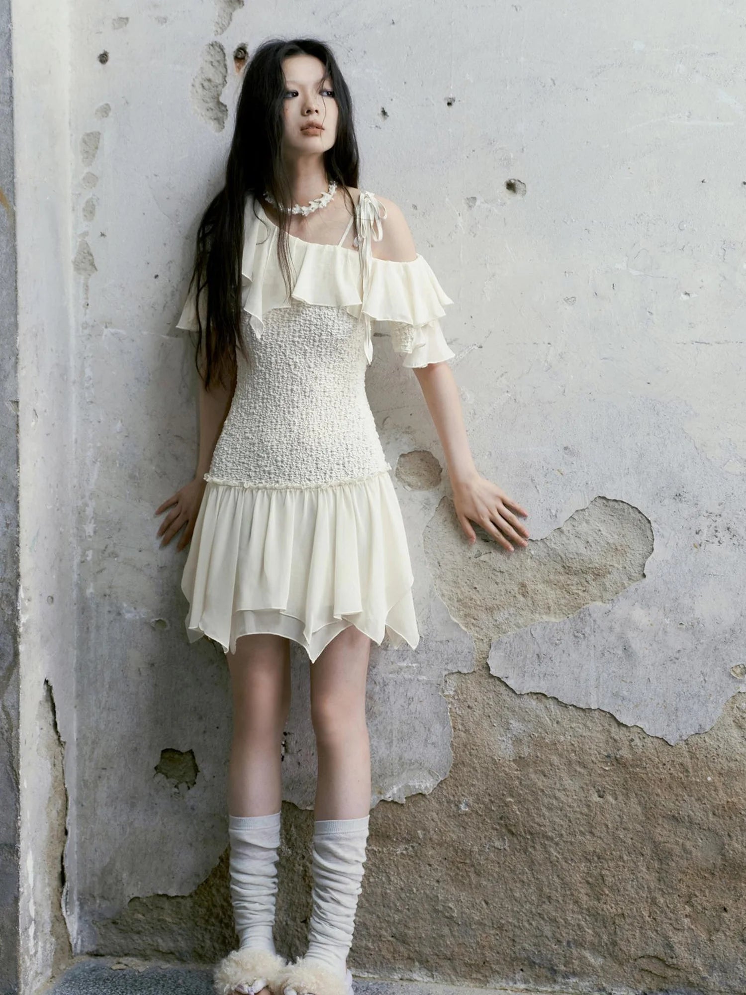 Punk Wave Off Shoulder Knitted Chiffon Dress