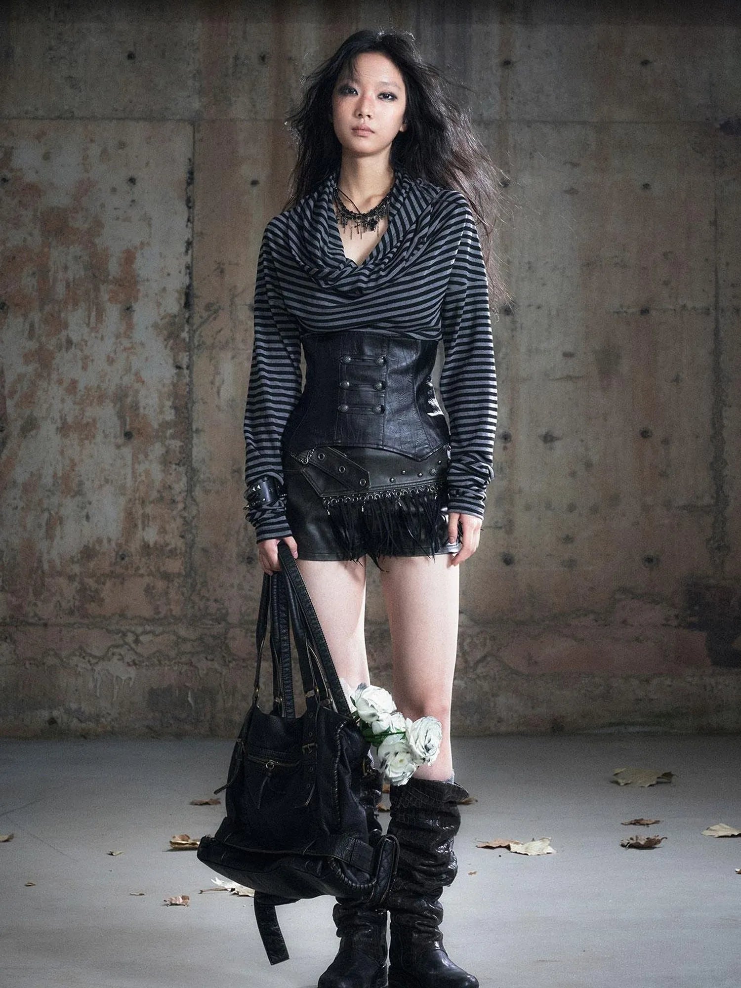 Retro Knight Corset Top With Striped Draped Neck