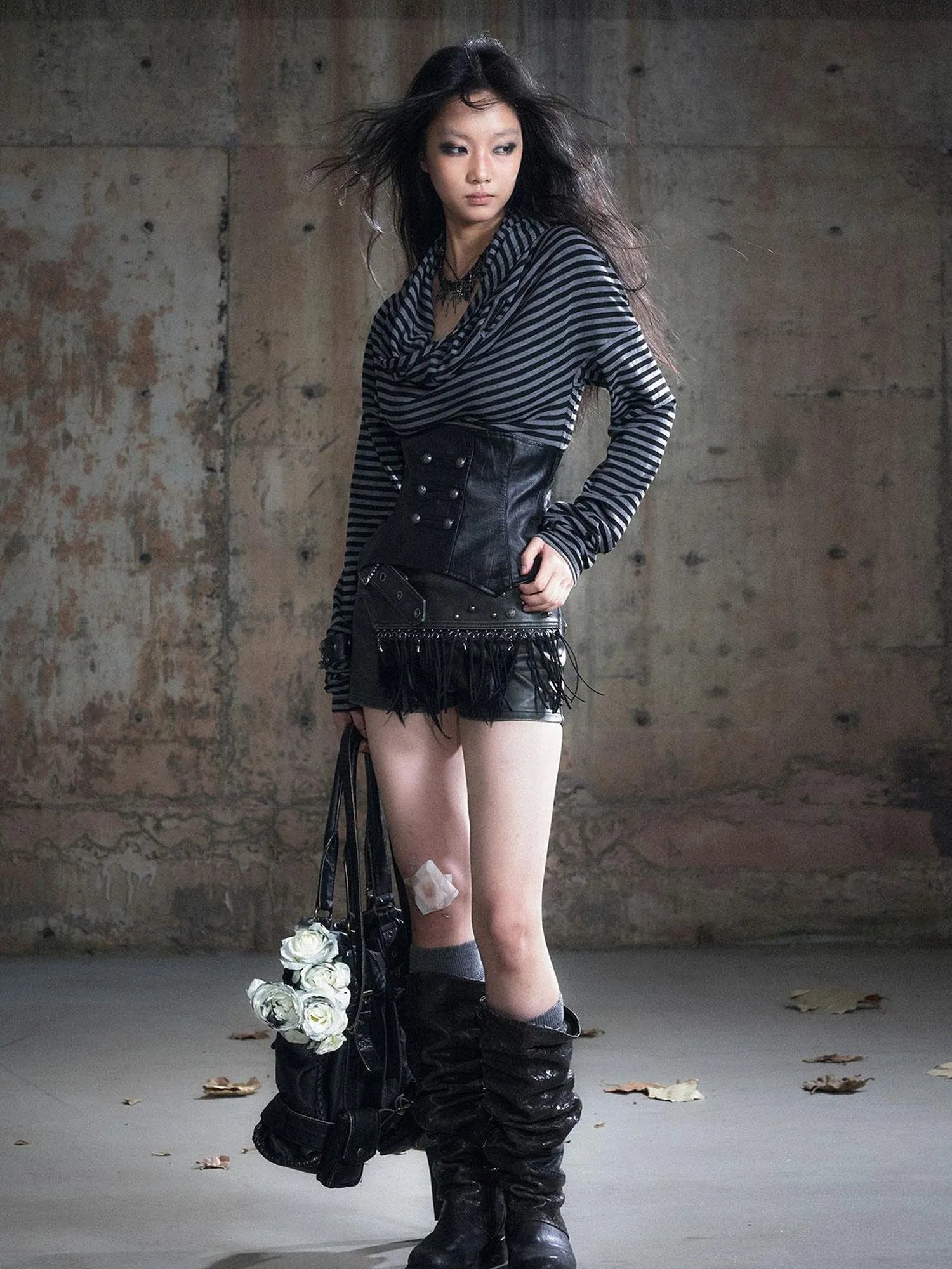 Retro Knight Corset Top With Striped Draped Neck