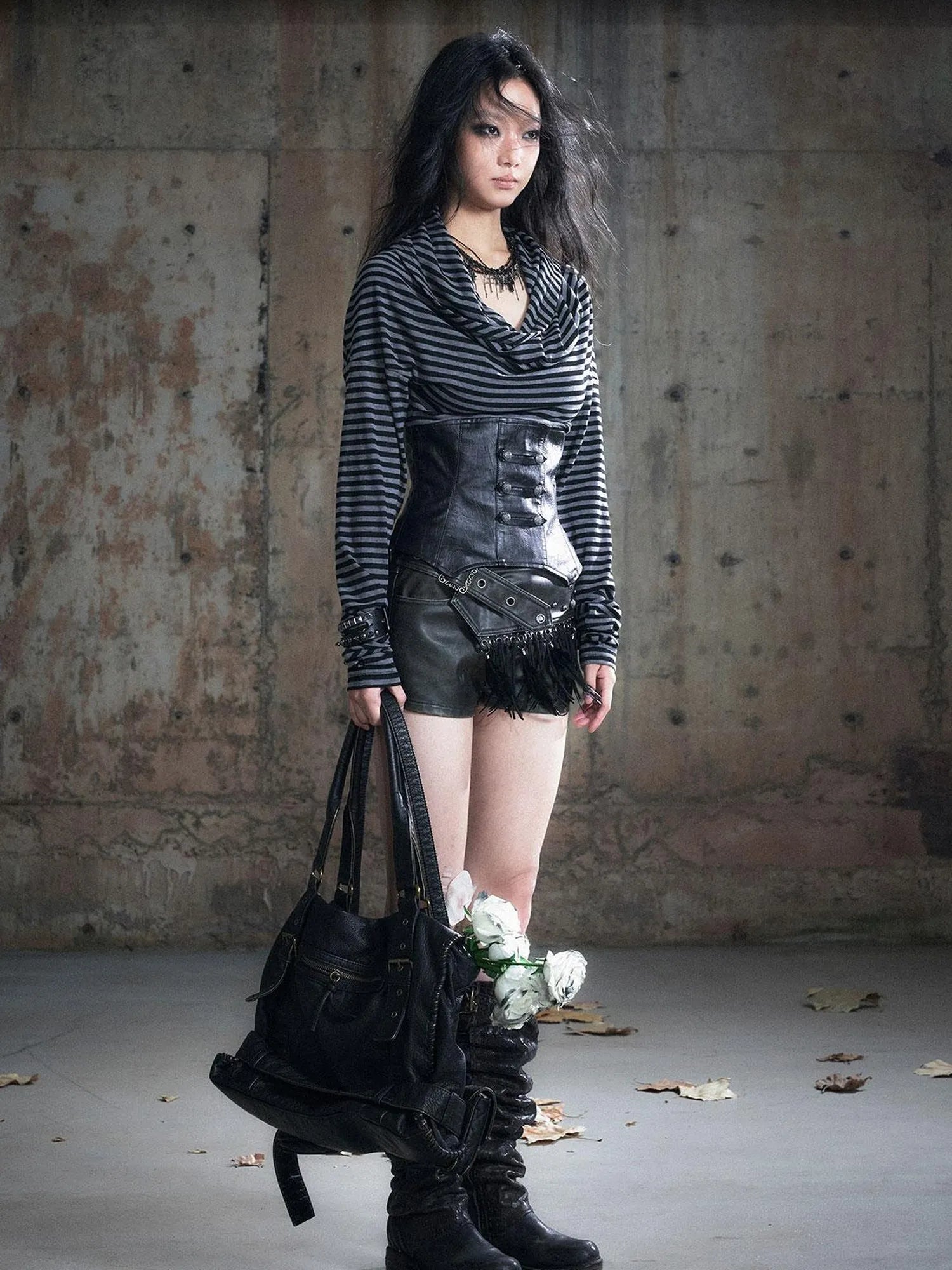 Retro Knight Corset Top With Striped Draped Neck