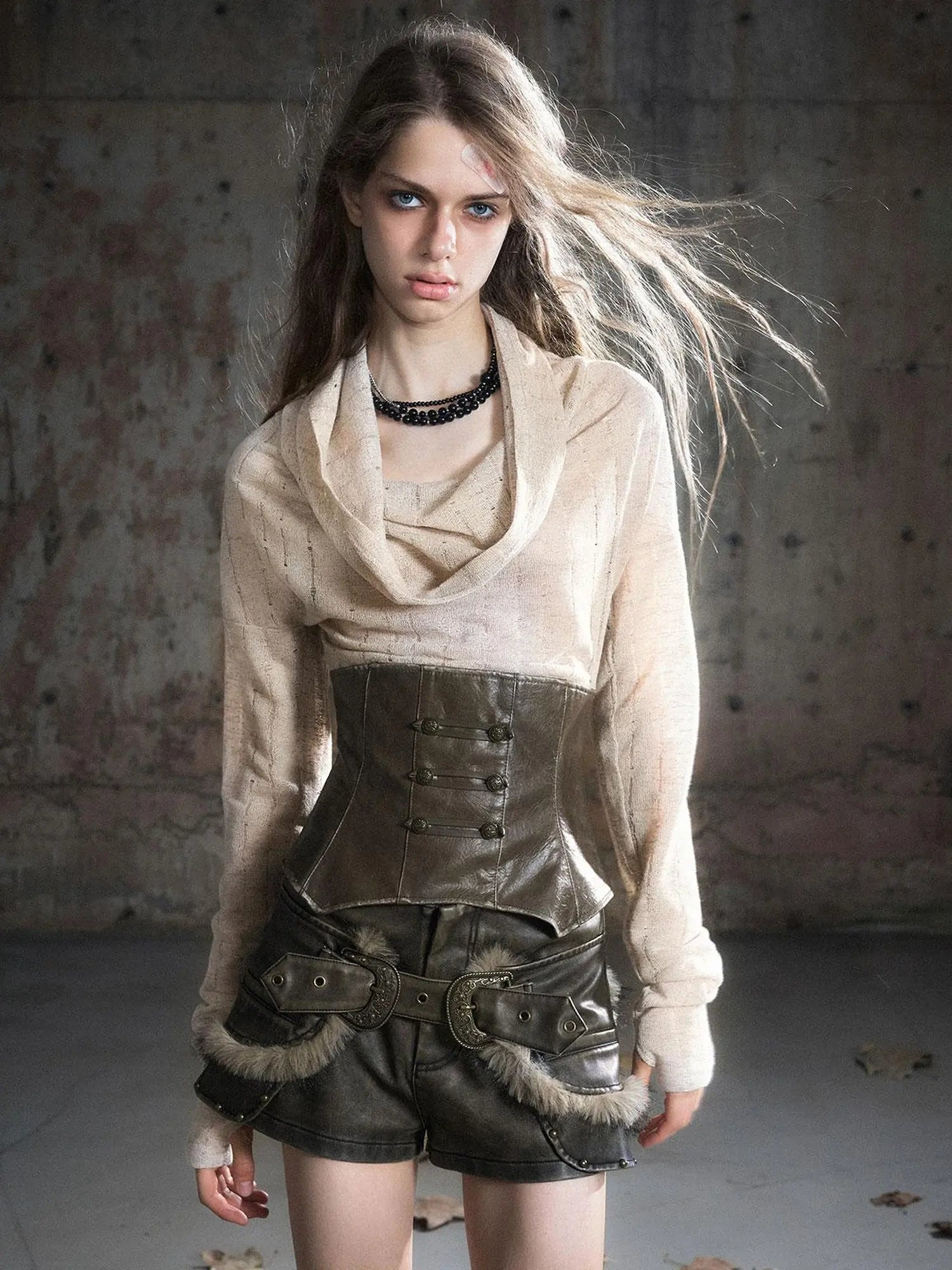 Retro Knight Corset Top With Striped Draped Neck