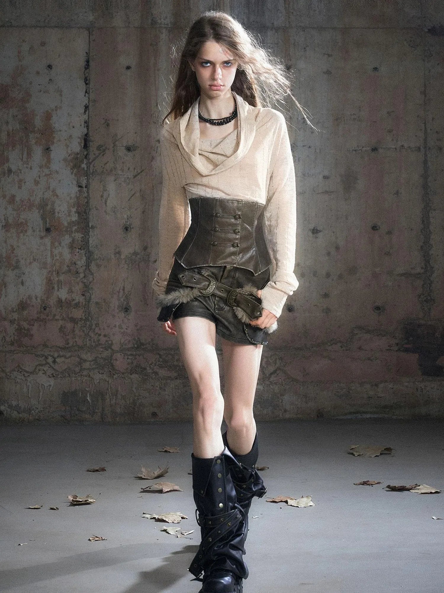 Retro Knight Corset Top With Striped Draped Neck