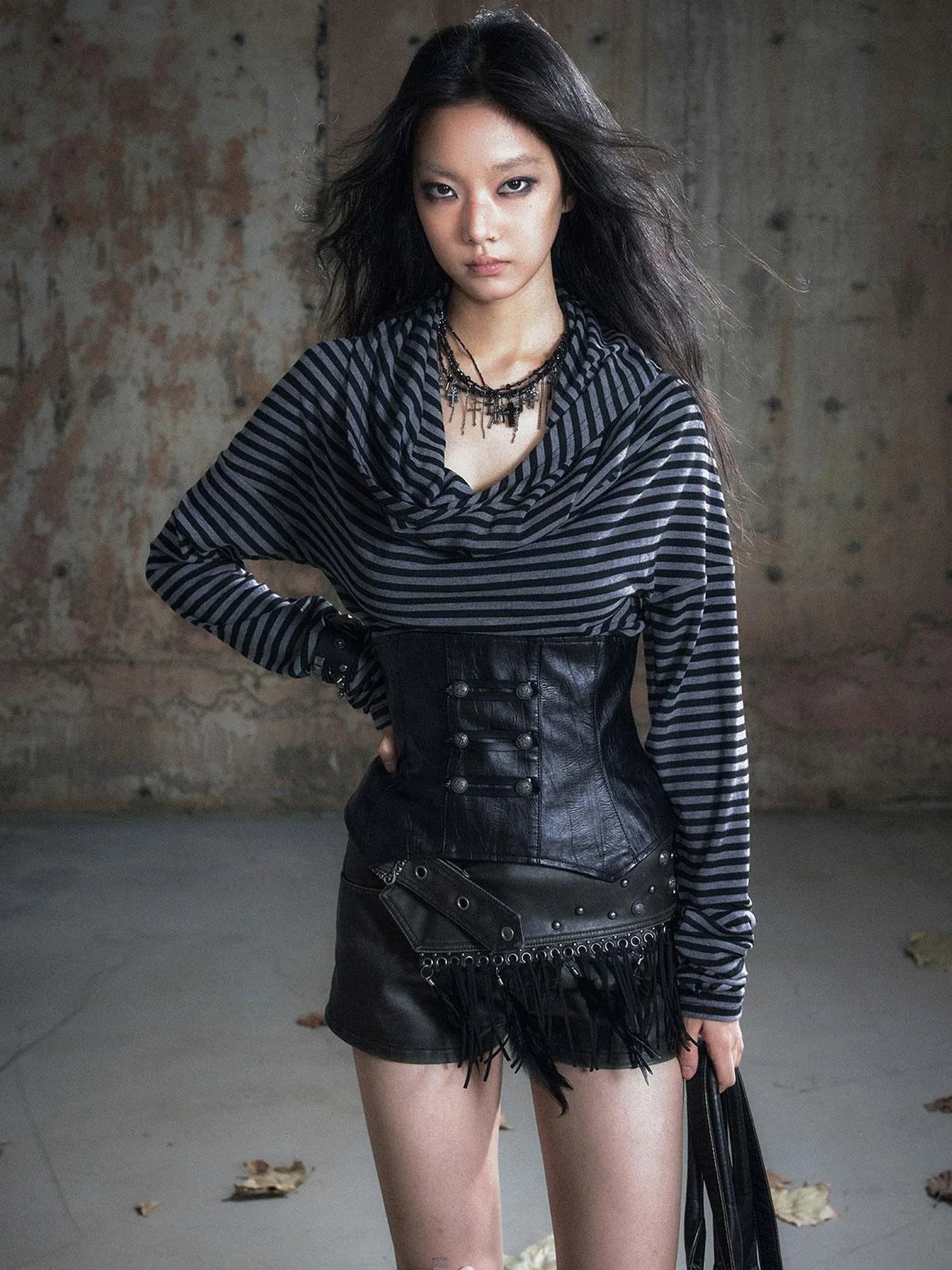 Retro Knight Corset Top With Striped Draped Neck