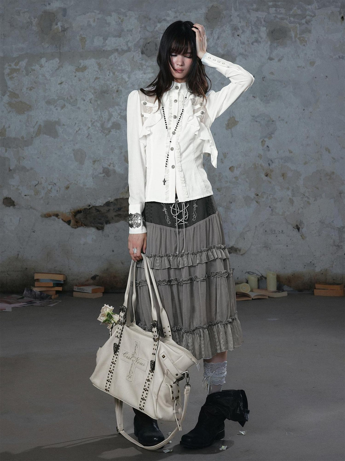 Cest Nous Romantic Lace Ruffle Waist Spliced Open Cardigan Women&