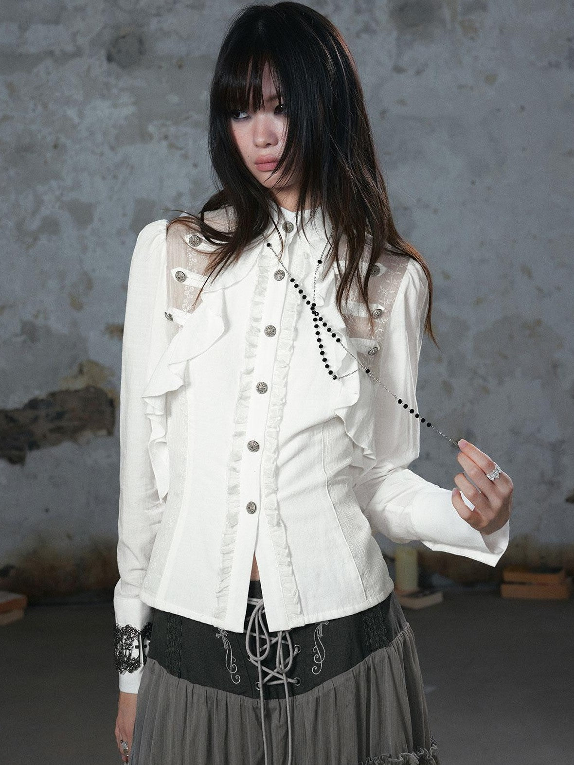 Cest Nous Romantic Lace Ruffle Waist Spliced Open Cardigan Women&