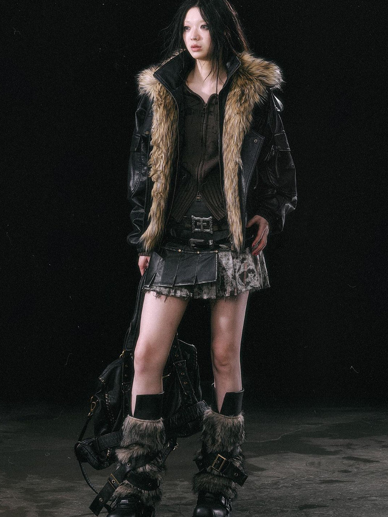 Update Cest Nous Runaway Flight Leather Jacket with Detachable Fur Collar