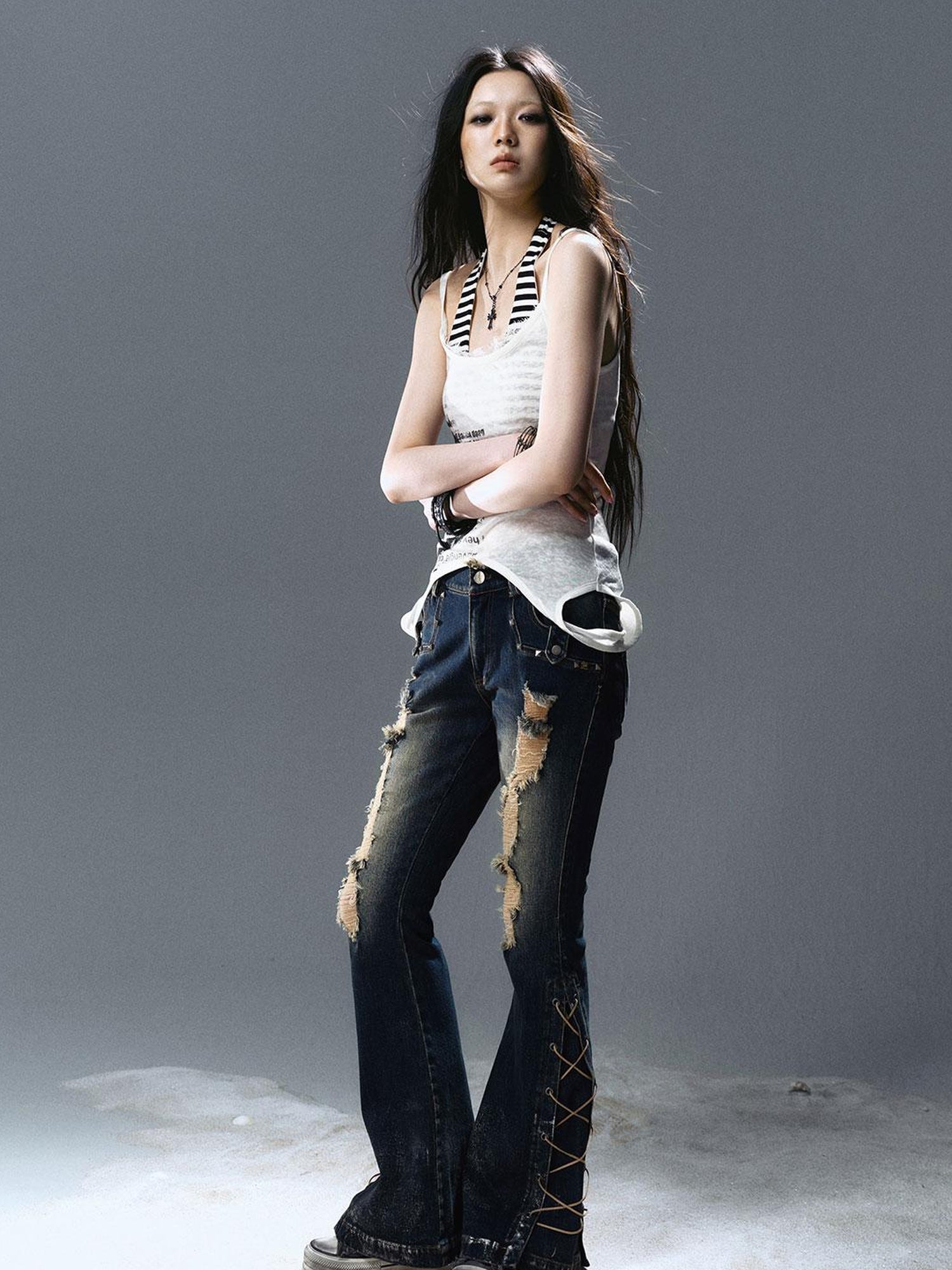 Update Cest Nous Sea Witch Distressed Low Rise Flare Jeans