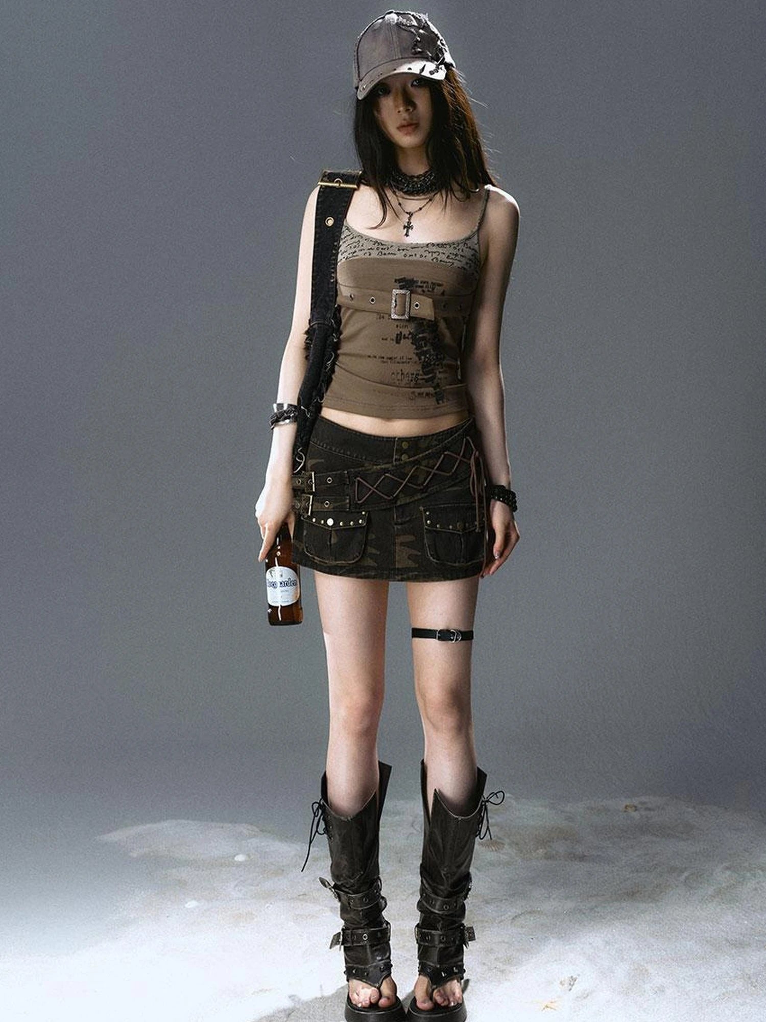 Sea Witch Poetry Belted Studded Camo Low Waist Mini Skirt