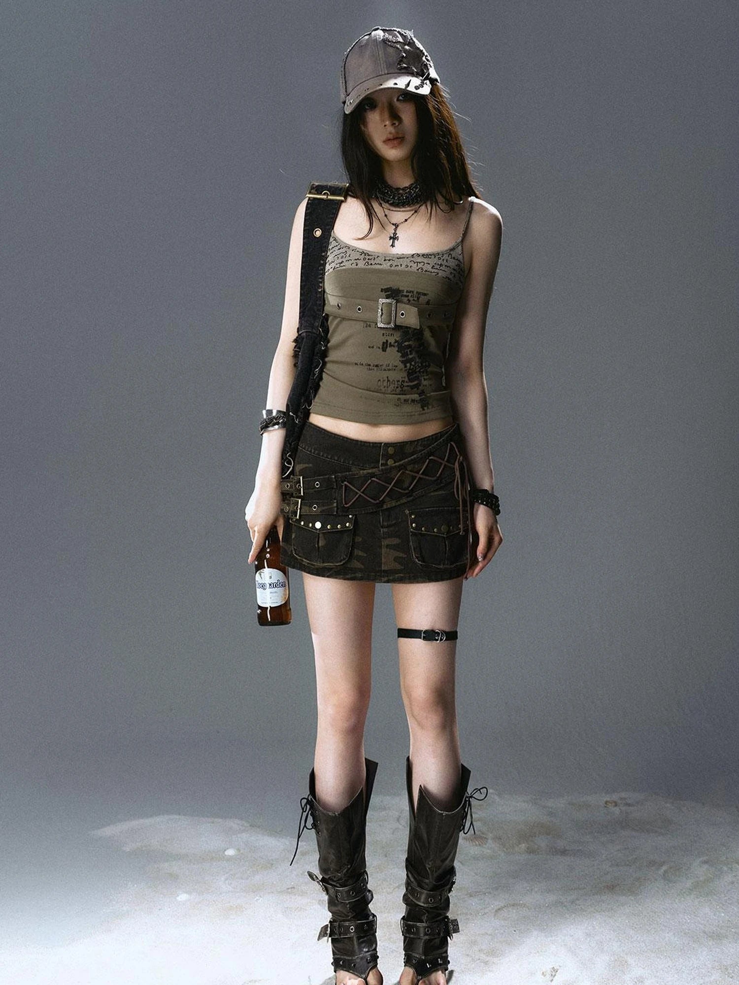 Sea Witch Poetry Belted Studded Camo Low Waist Mini Skirt