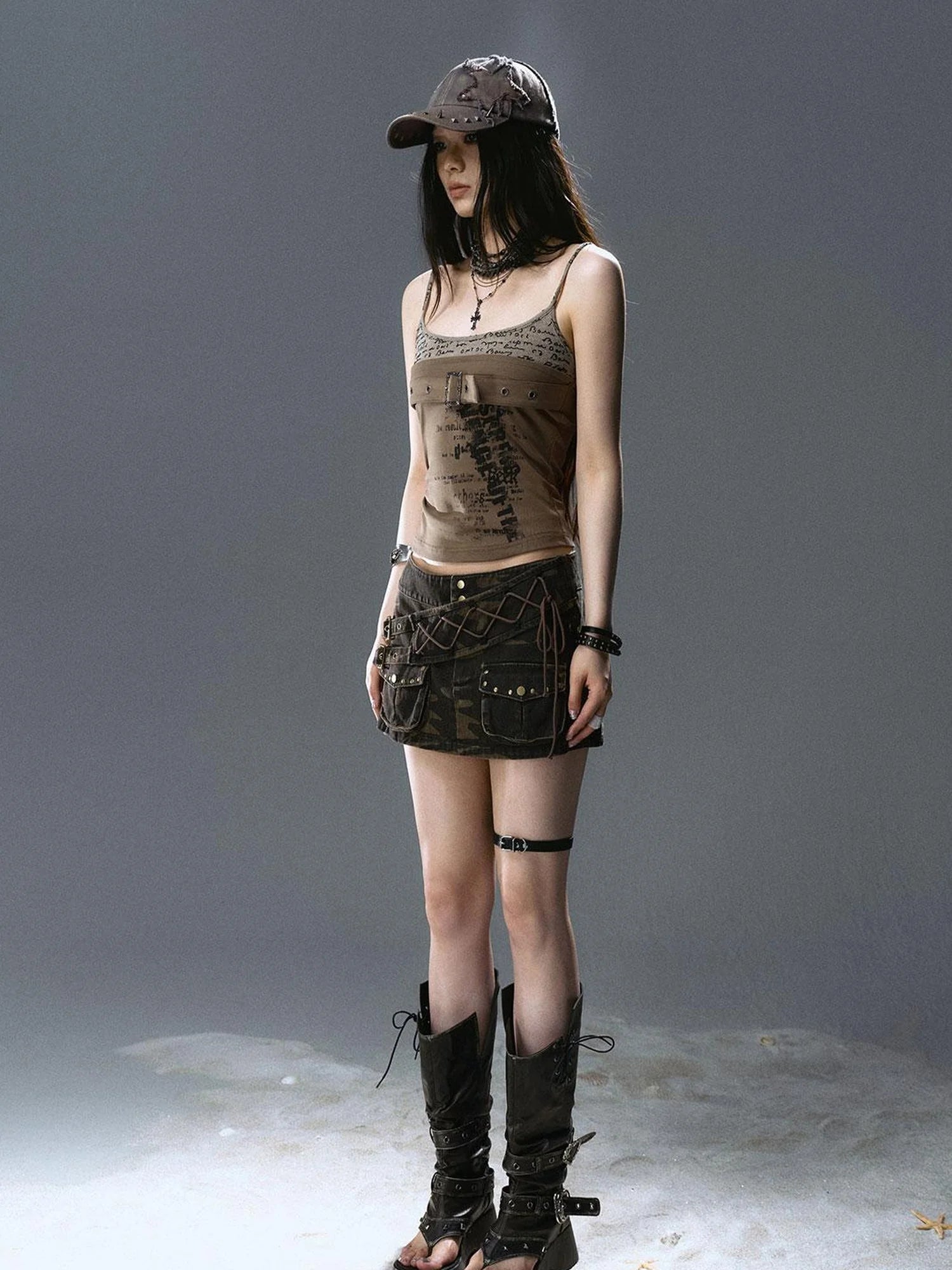 Sea Witch Poetry Belted Studded Camo Low Waist Mini Skirt