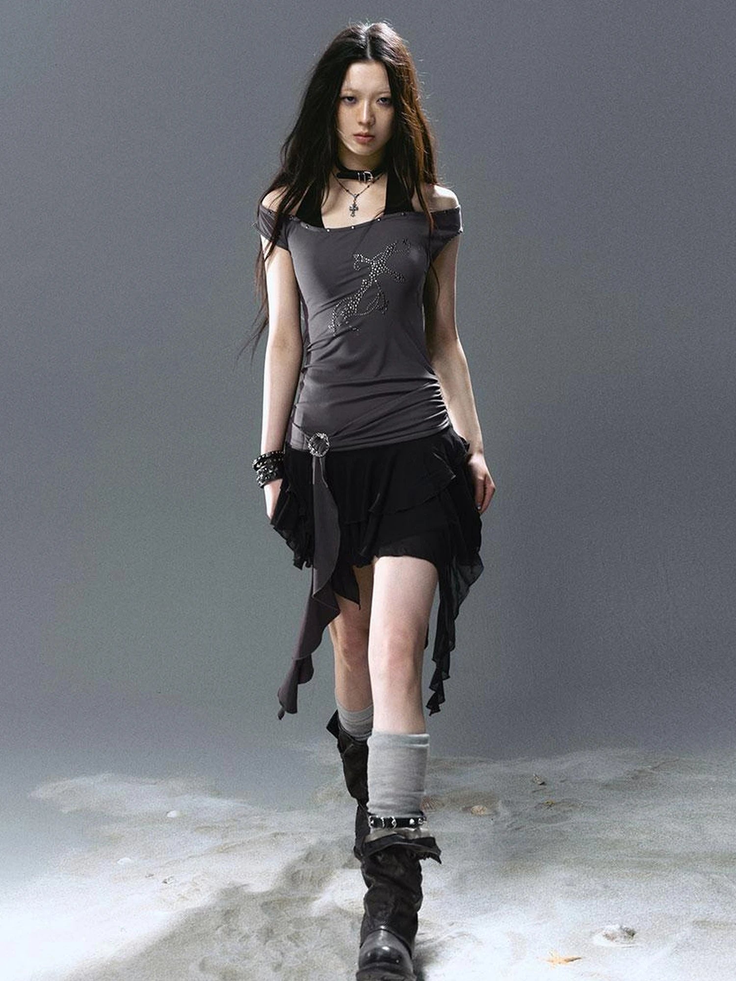 Sea Witch Poetry Cross Studded Slanted Hem Dress