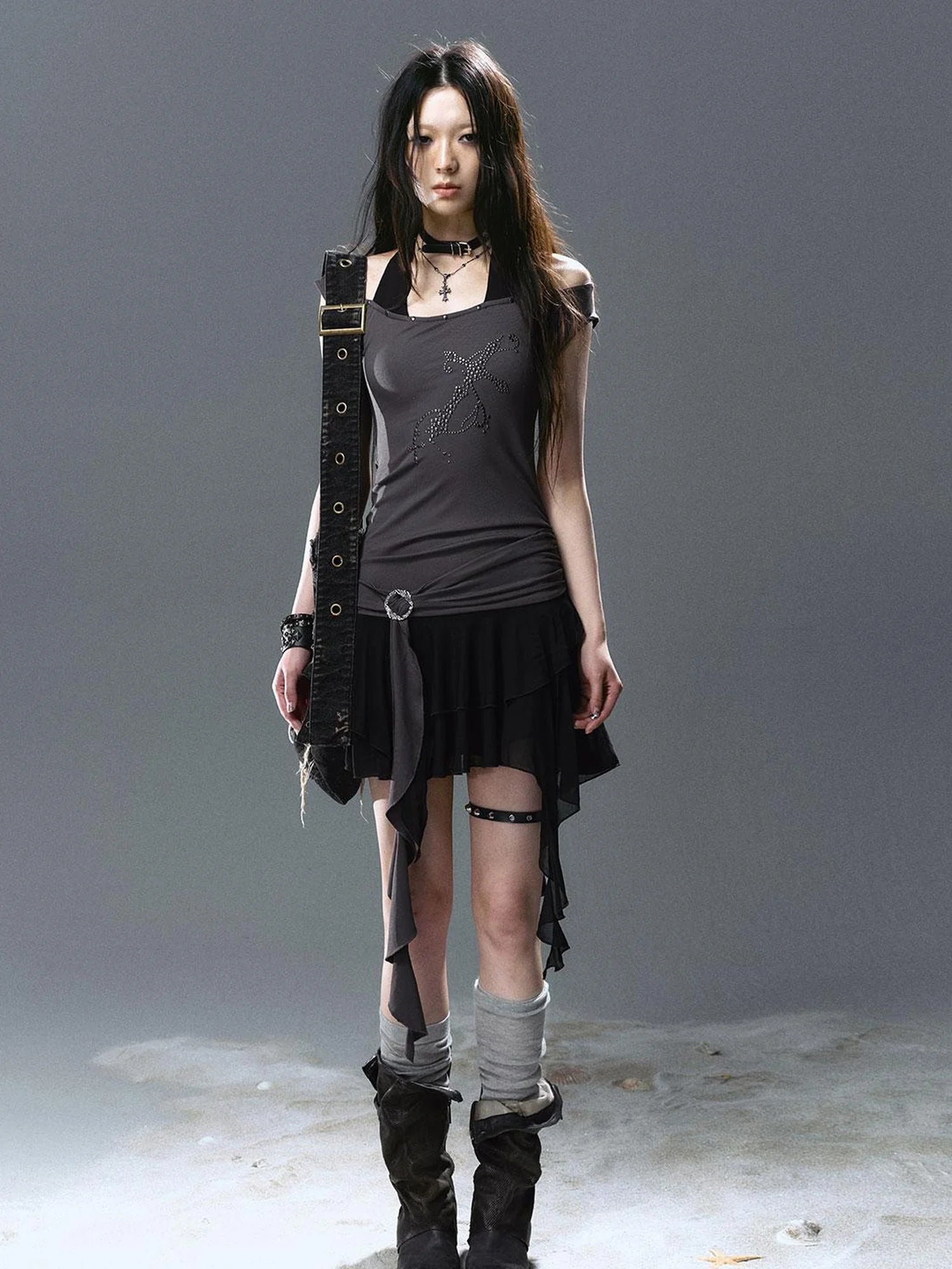 Sea Witch Poetry Cross Studded Slanted Hem Dress