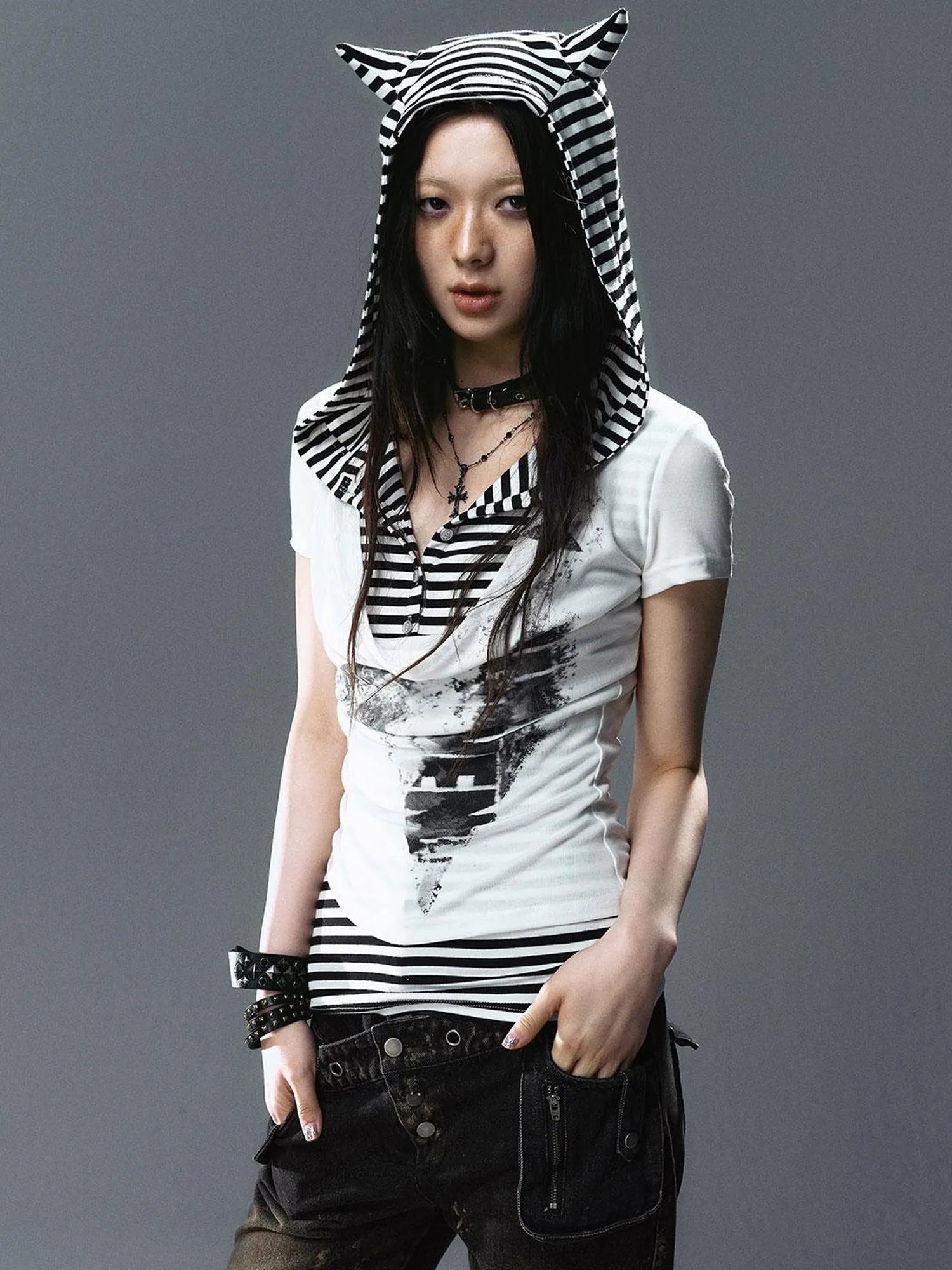 Sea Witch Poetry Star Print Cat Ear Striped Tee V-neck T-shirt Long-Sleeve