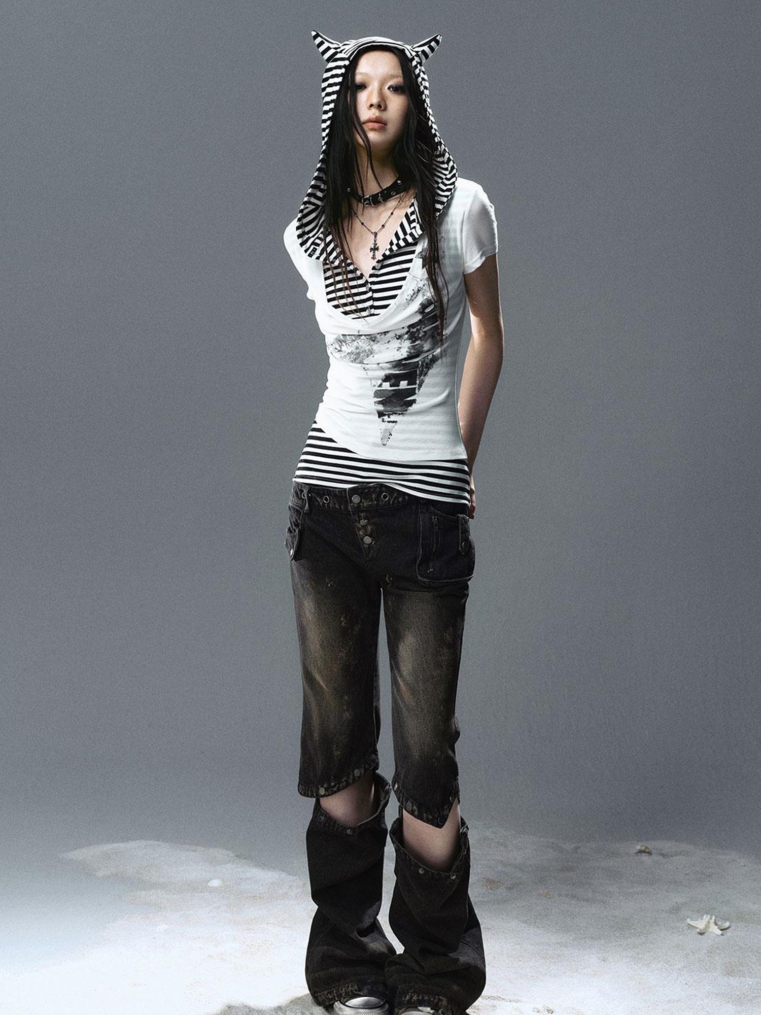 Update Cest Nous Sea Witch Poetry Star Print Cat Ear Striped Tee V-neck T-shirt Long-Sleeve