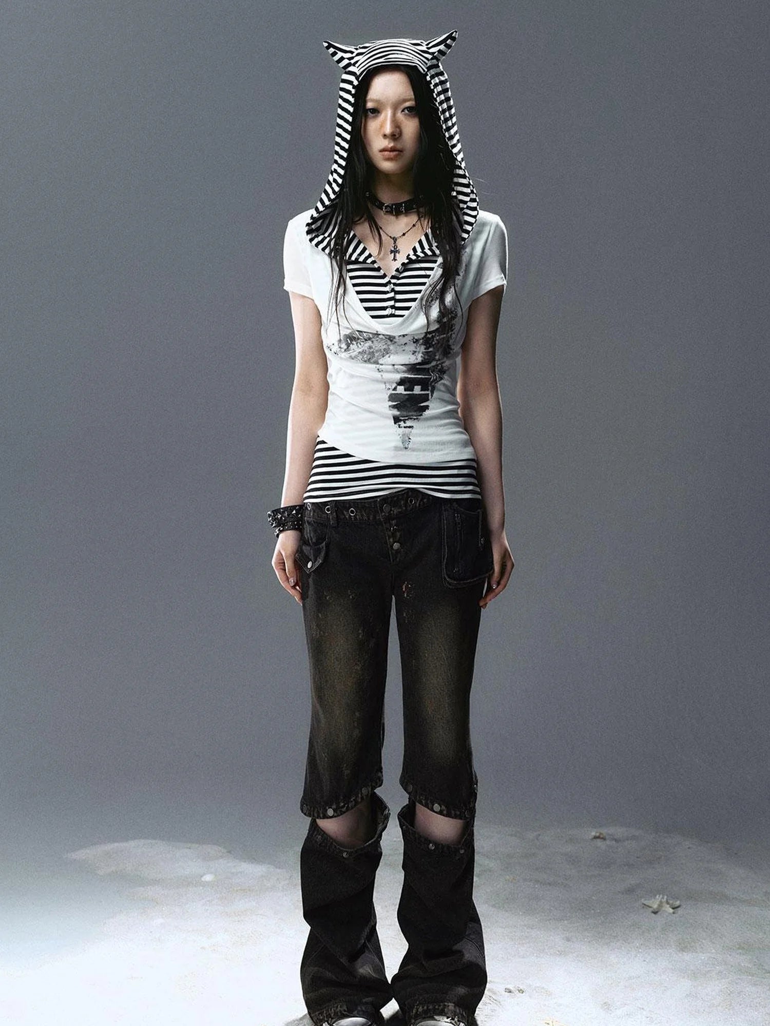 Sea Witch Poetry Star Print Cat Ear Striped Tee V-neck T-shirt Long-Sleeve