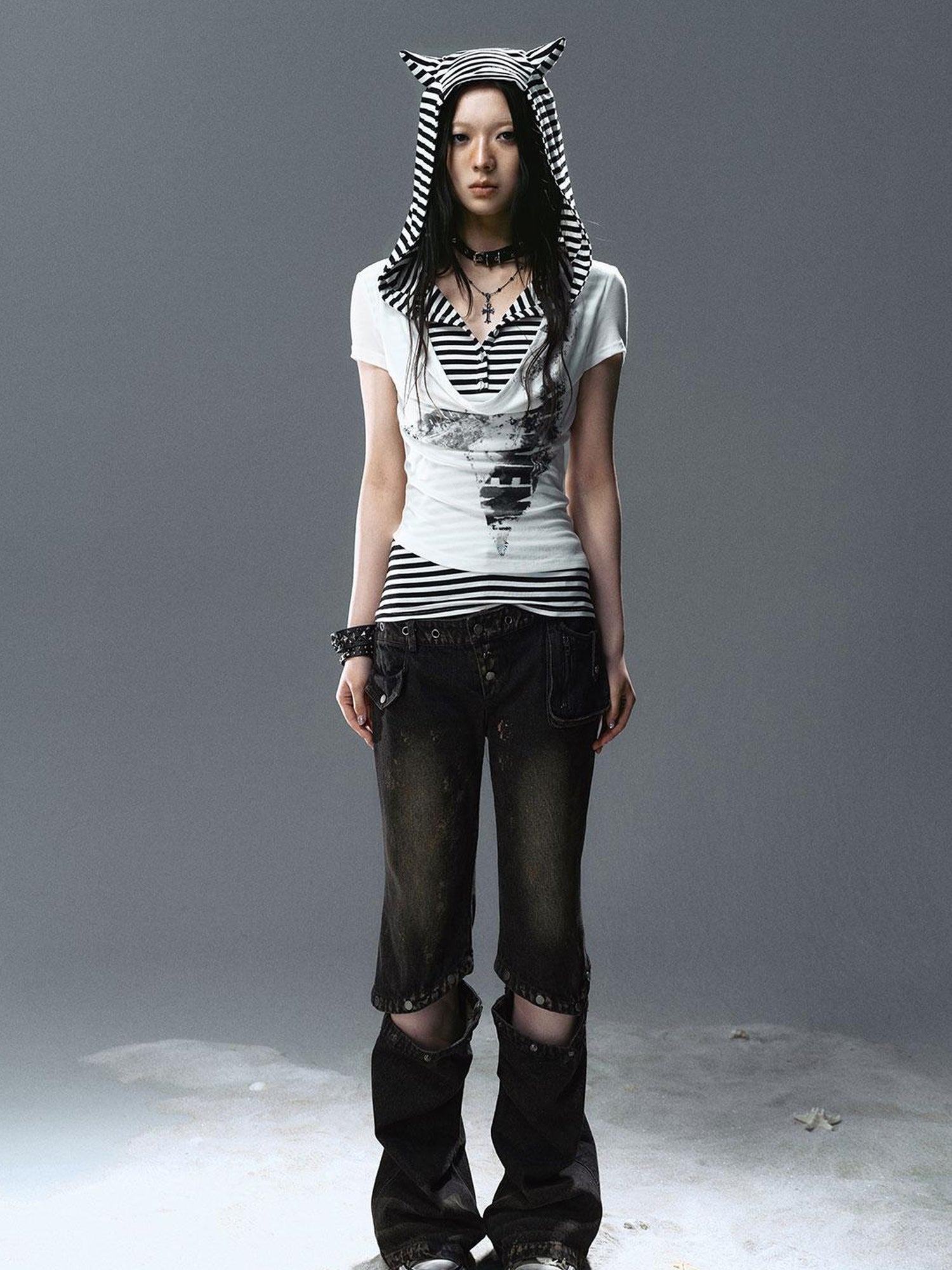 Update Cest Nous Sea Witch Poetry Star Print Cat Ear Striped Tee V-neck T-shirt Long-Sleeve