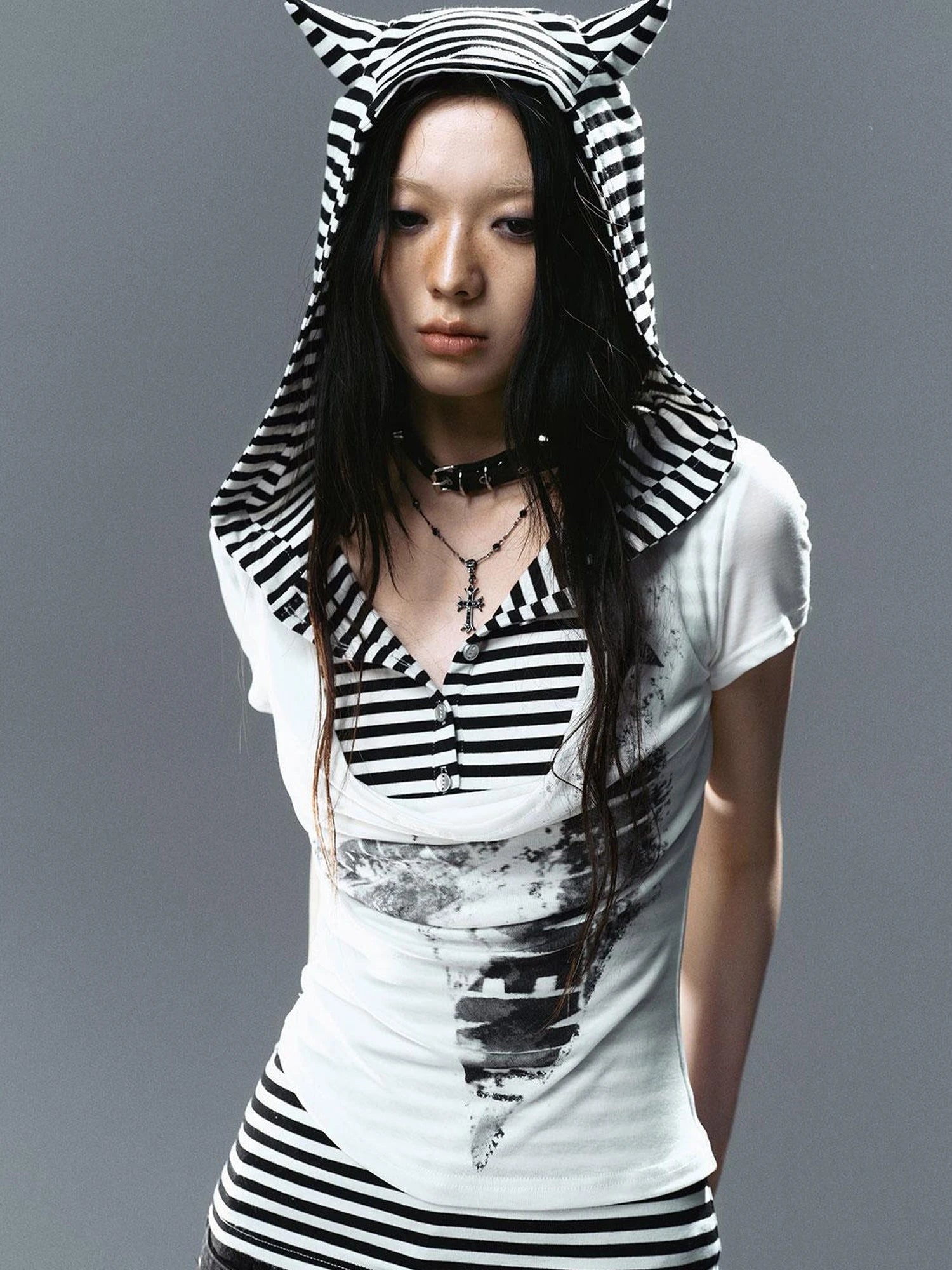 Sea Witch Poetry Star Print Cat Ear Striped Tee V-neck T-shirt Long-Sleeve