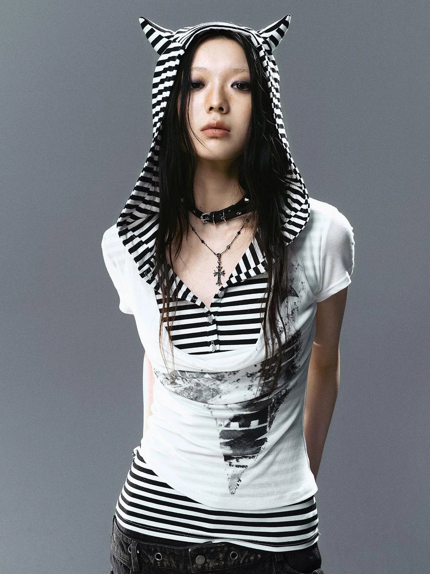 Sea Witch Poetry Star Print Cat Ear Striped Tee V-neck T-shirt Long-Sleeve