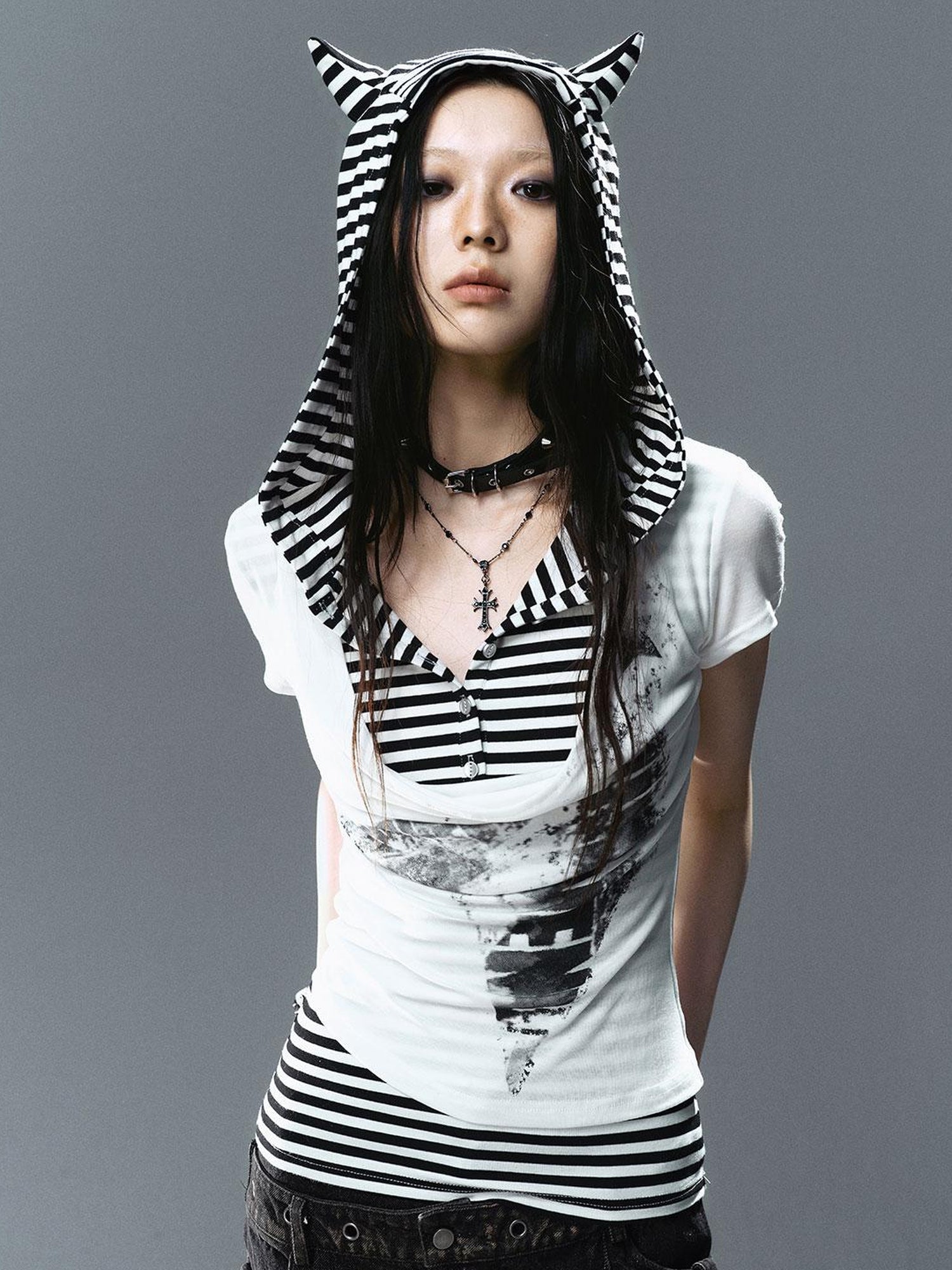 Update Cest Nous Sea Witch Poetry Star Print Cat Ear Striped Tee V-neck T-shirt Long-Sleeve
