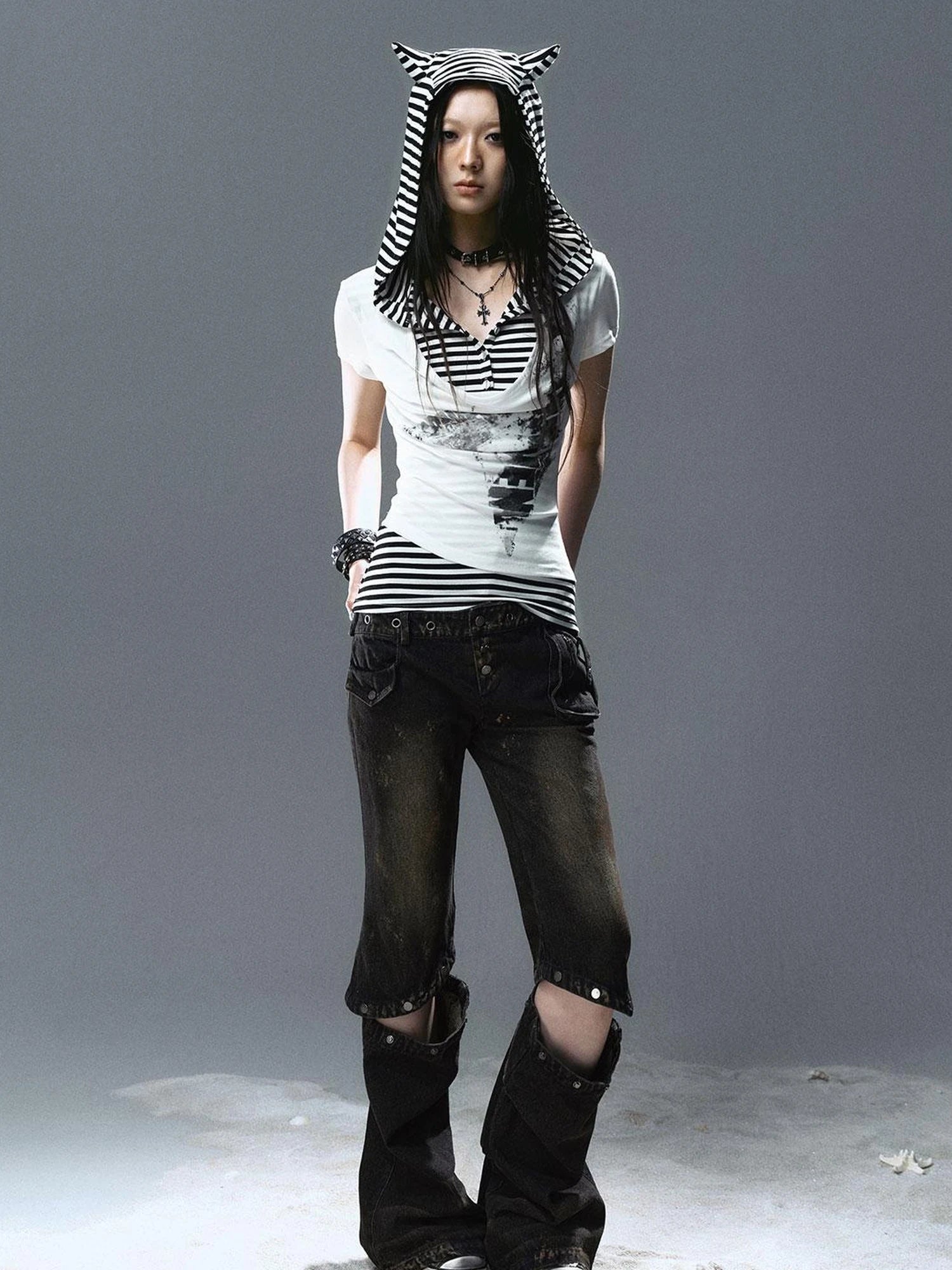 Sea Witch Poetry Star Print Cat Ear Striped Tee V-neck T-shirt Long-Sleeve