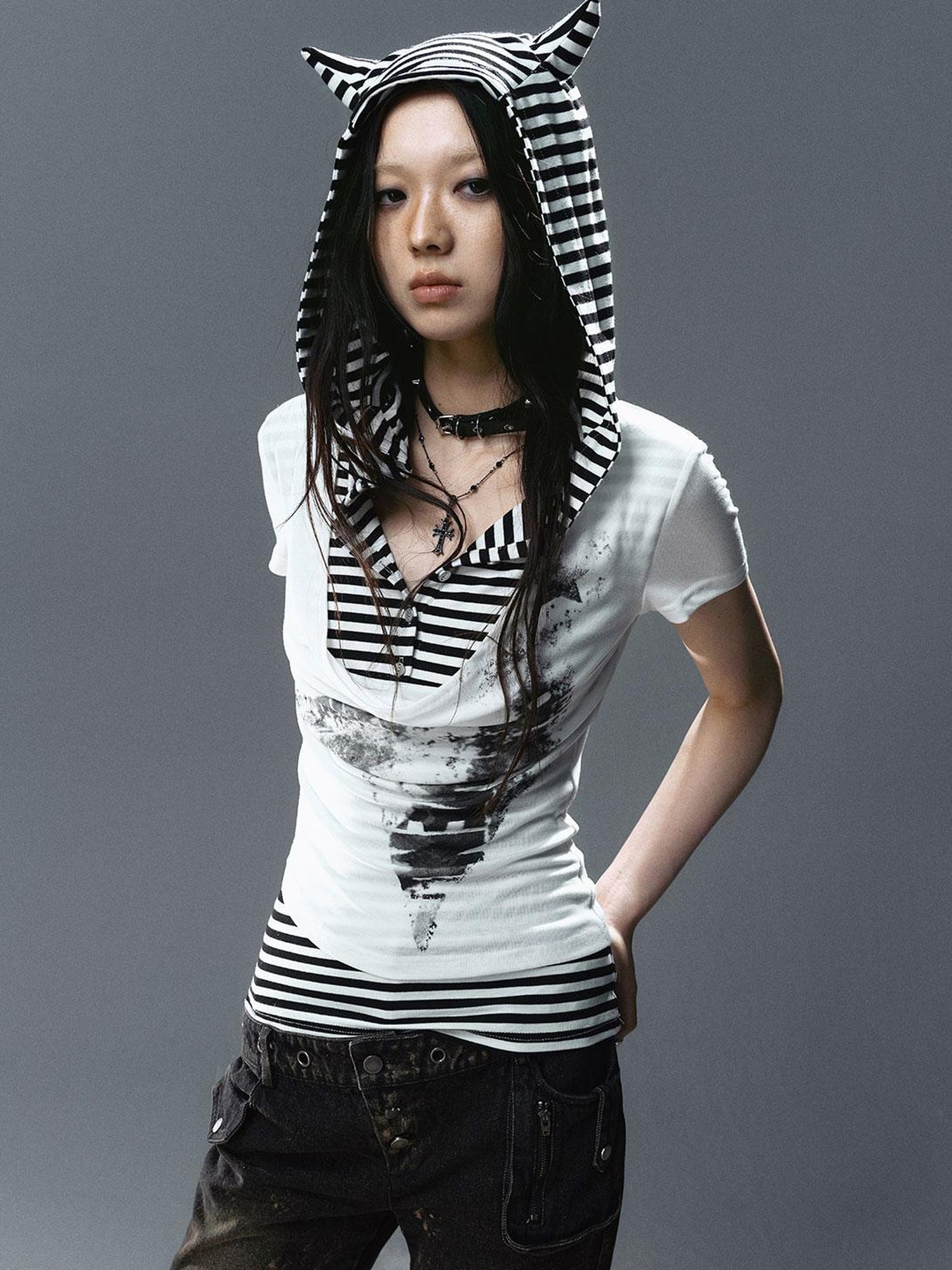 Update Cest Nous Sea Witch Poetry Star Print Cat Ear Striped Tee V-neck T-shirt Long-Sleeve