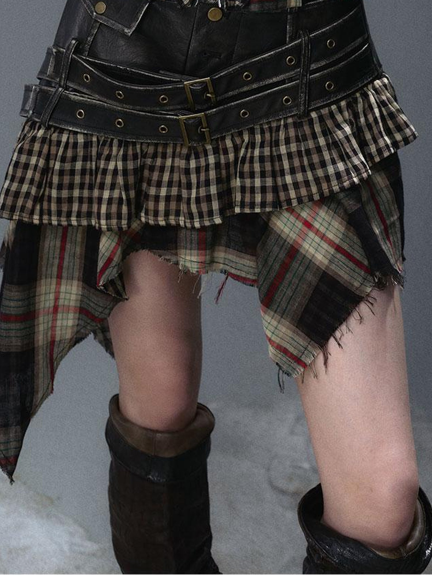 Update Cest Nous Sea Witch Punk Distressed Leather Checkered Asymmetrical Skirt