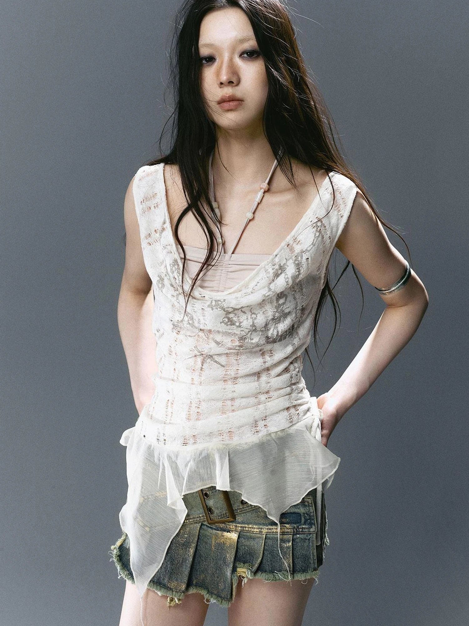 Seafoam Lace Shell Beaded Swing Top