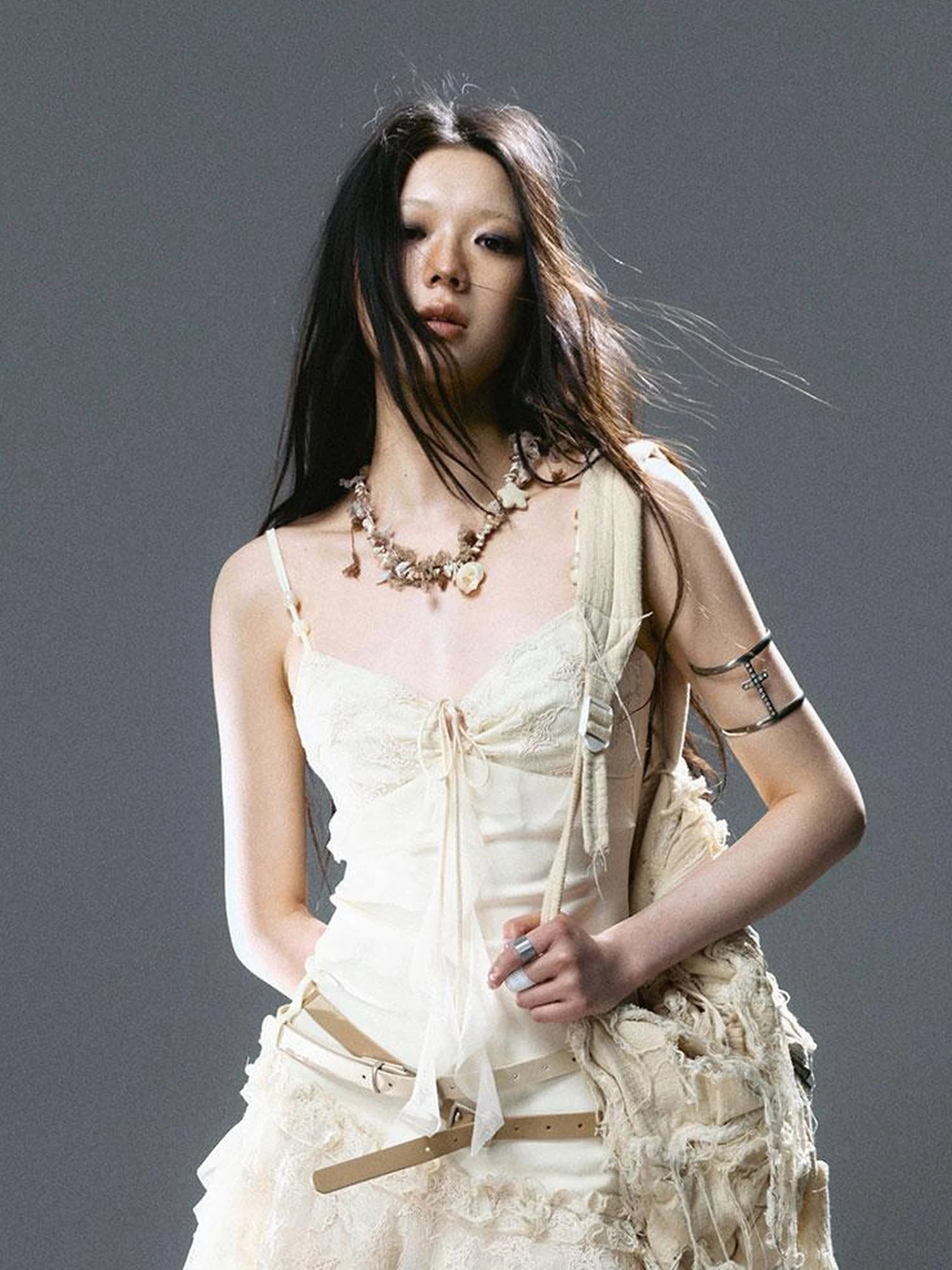 Seafoam Lace Up Ruffle Hem Slip Dress V Neck