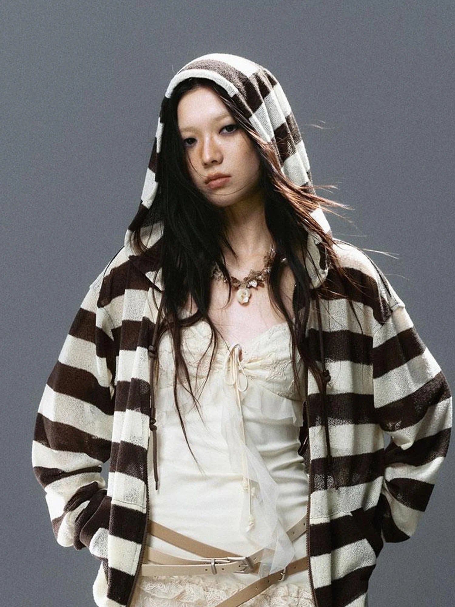 Seafoam Lace Up Ruffle Hem Slip Dress V Neck