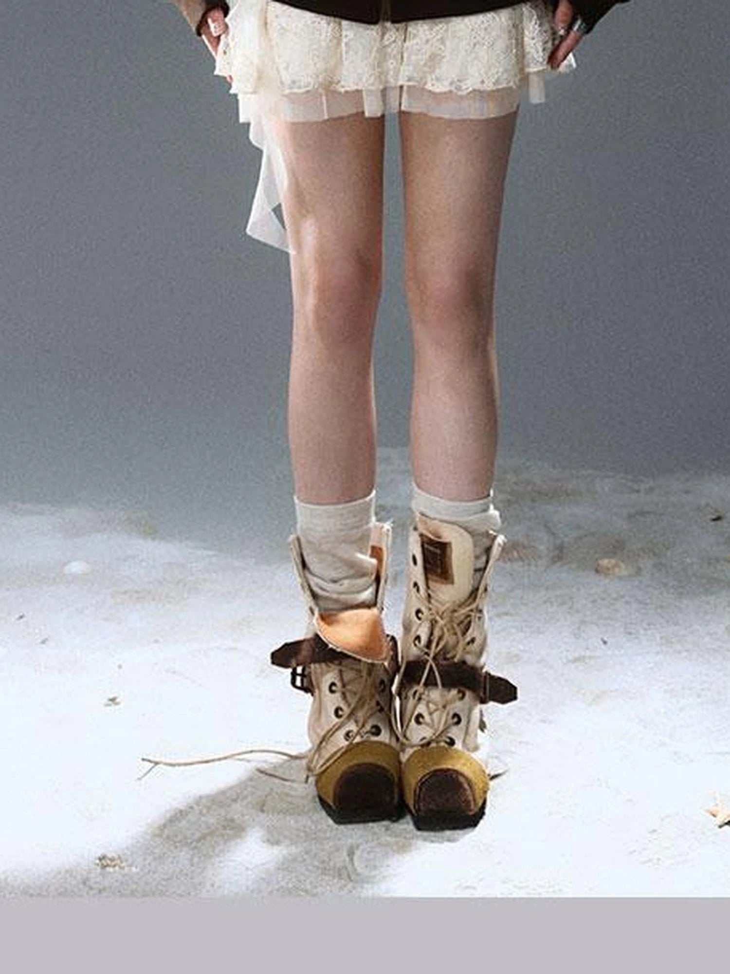 Seafoam Lace Up Ruffle Hem Slip Dress V Neck