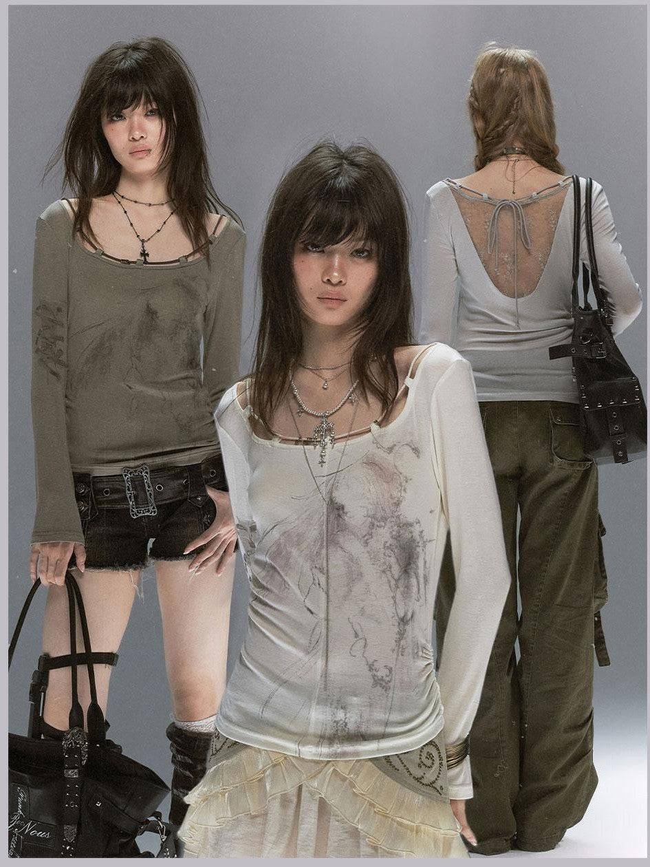 Cest Nous Sheer Lace Printed Rope Knot Women&