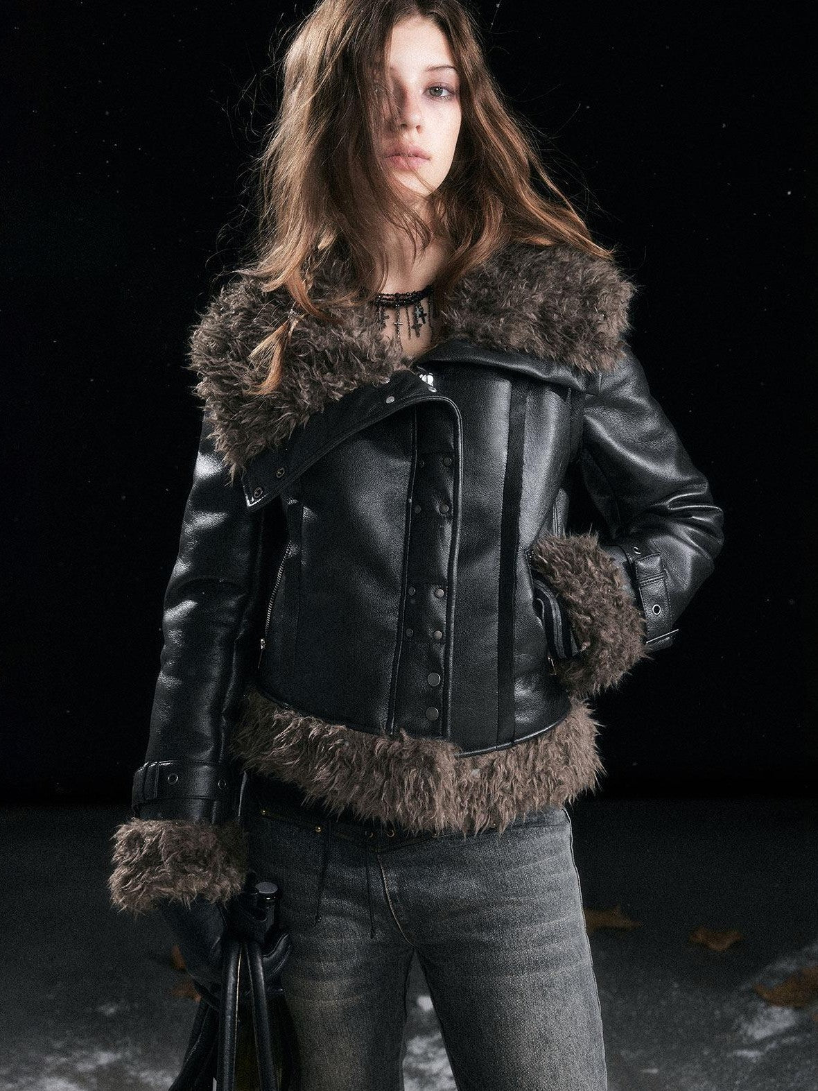 Cest Nous Slimming Thick Punk Straight Cut Short Women Black Lapel Zipper Jacket