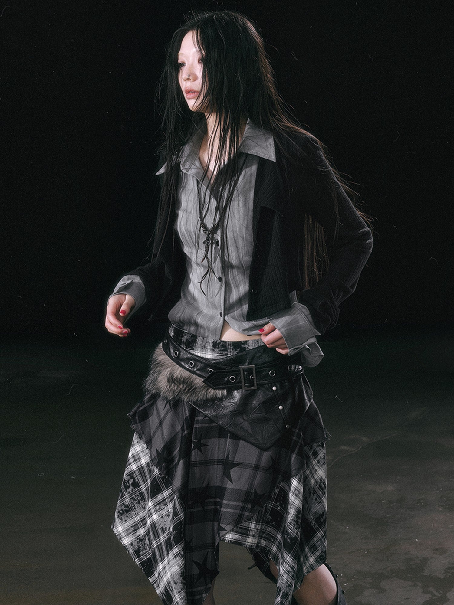 Cest Nous Star Check Irregular Frayed Leather Patch Fur Waist Women&