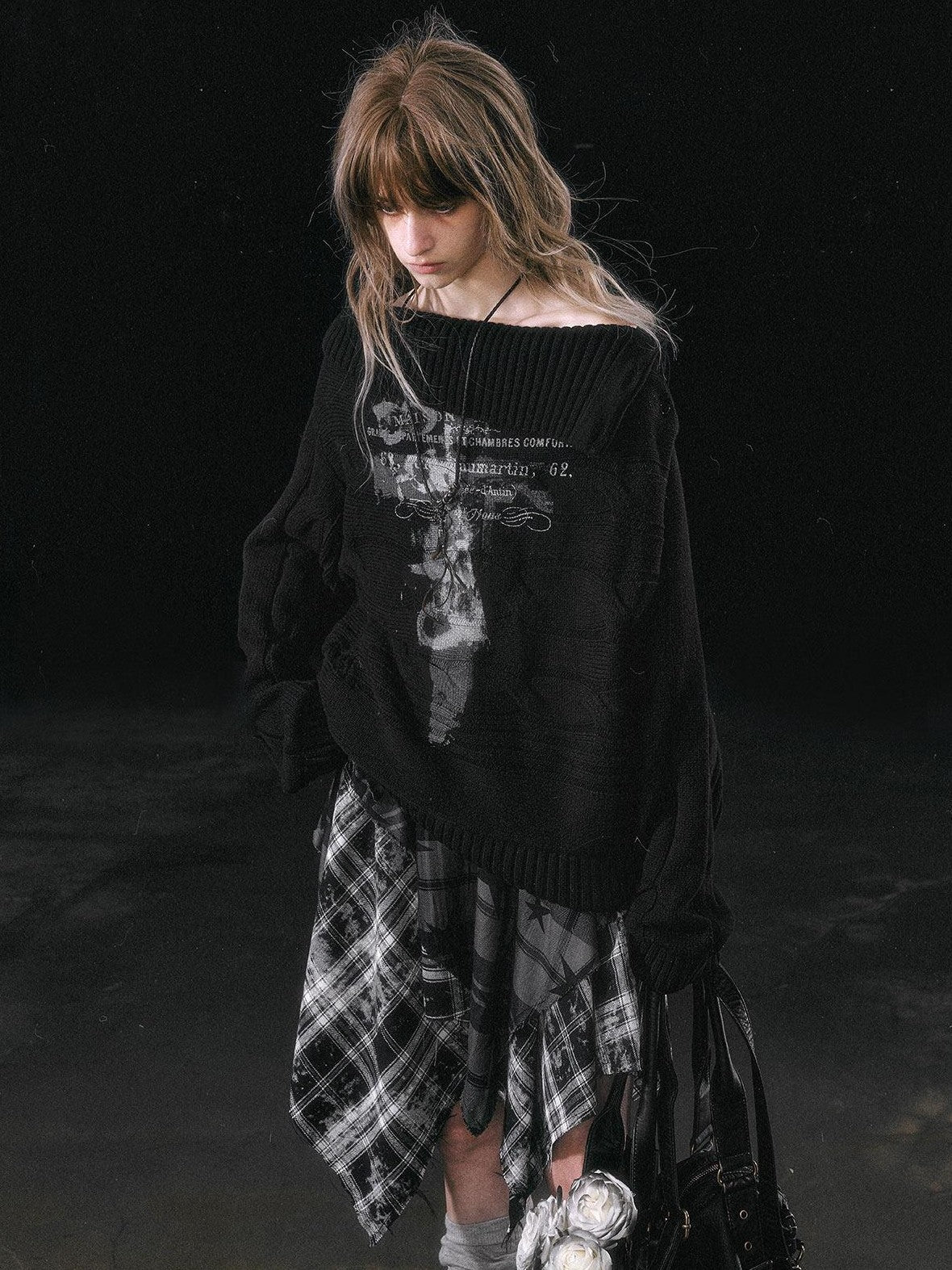Cest Nous Star Check Irregular Frayed Leather Patch Fur Waist Women&