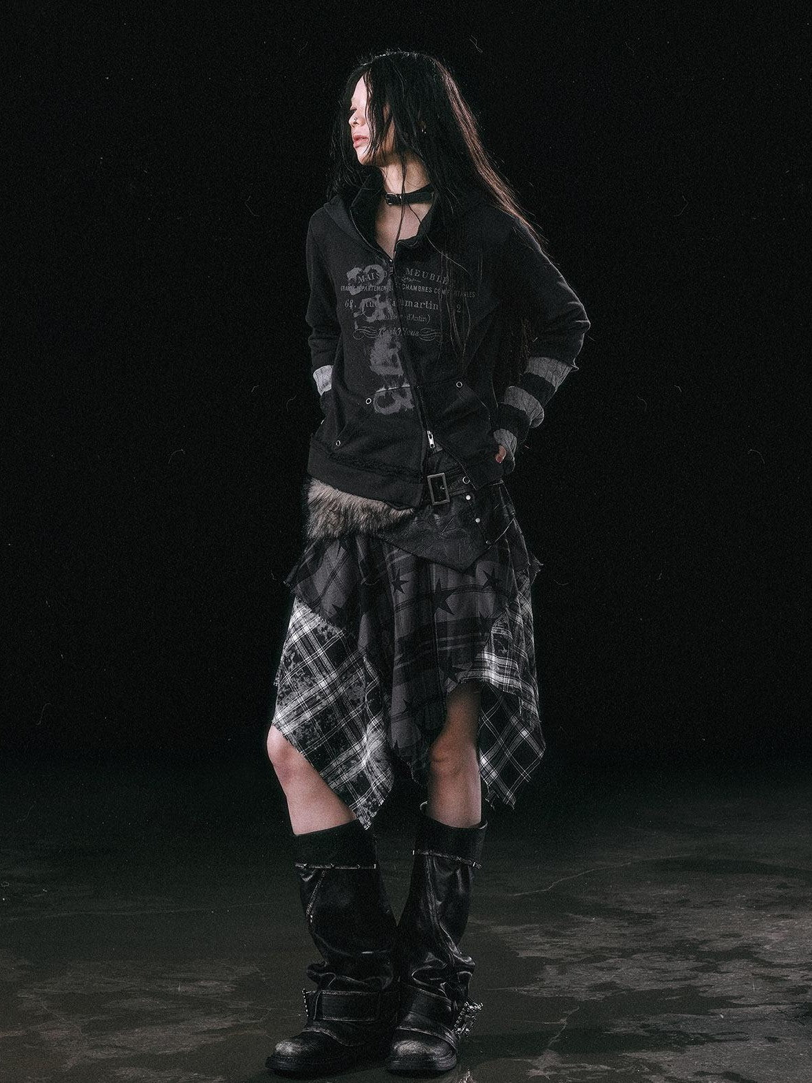 Cest Nous Star Check Irregular Frayed Leather Patch Fur Waist Women&