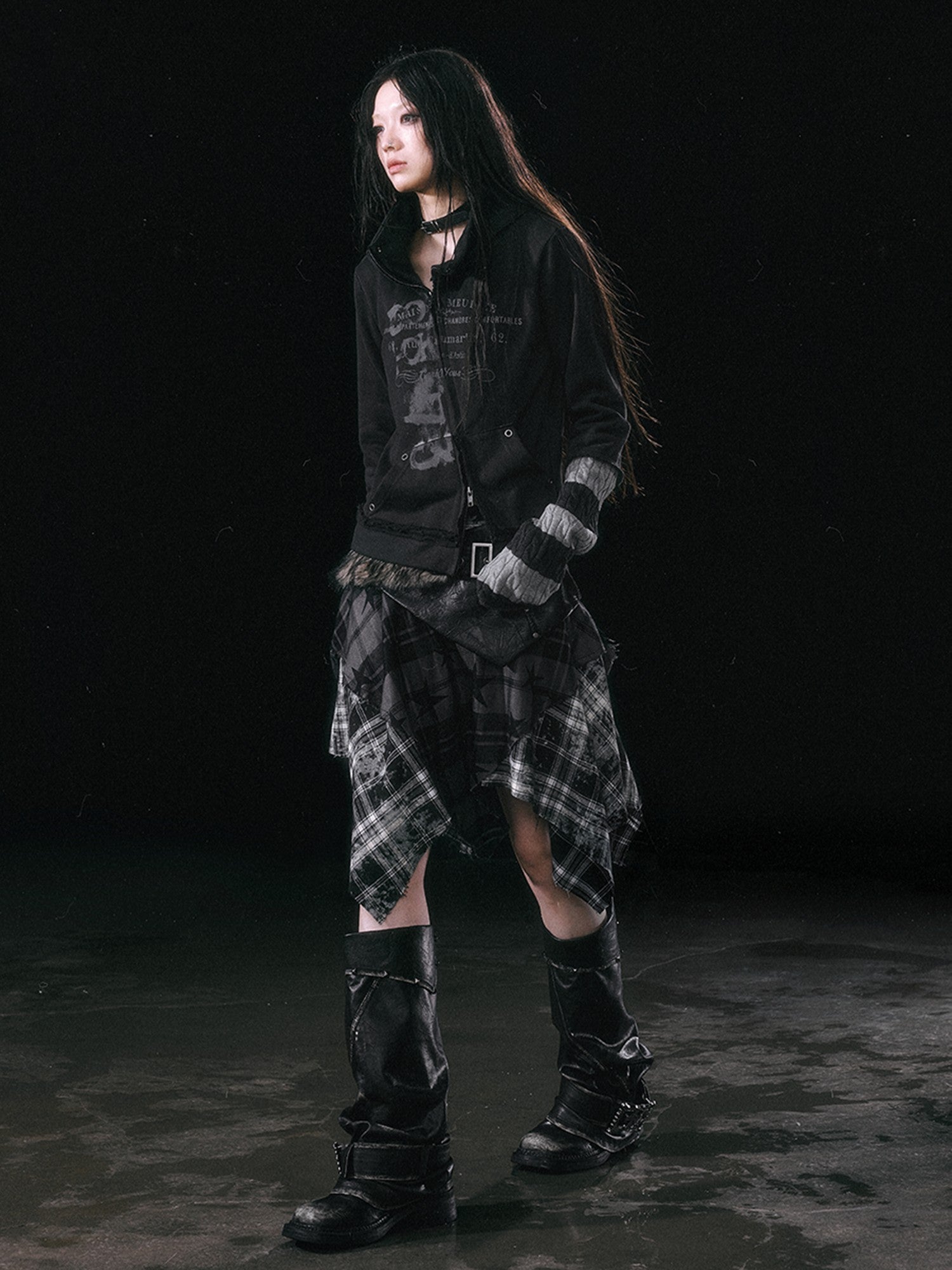 Cest Nous Star Check Irregular Frayed Leather Patch Fur Waist Women&