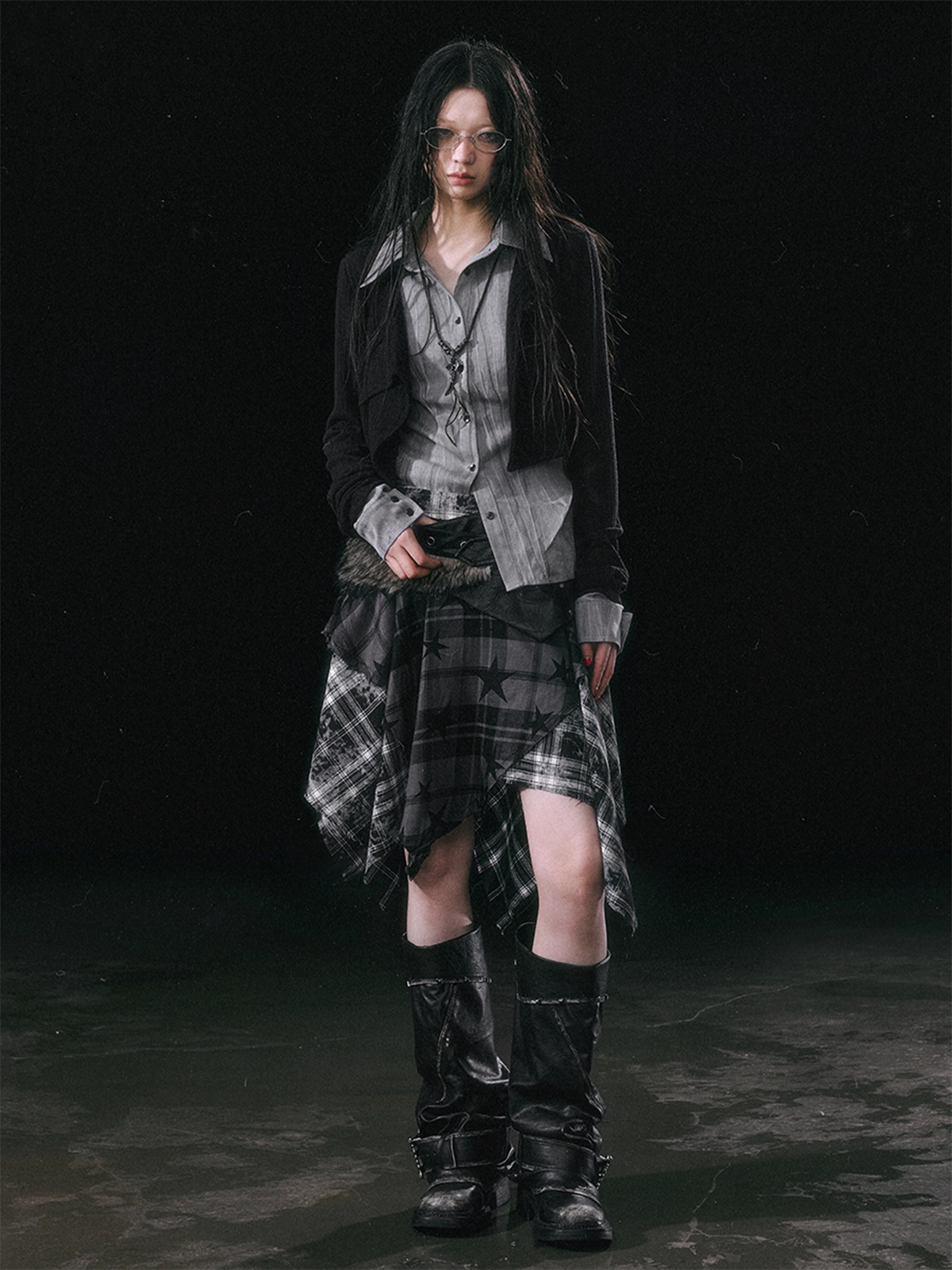 Cest Nous Star Check Irregular Frayed Leather Patch Fur Waist Women&