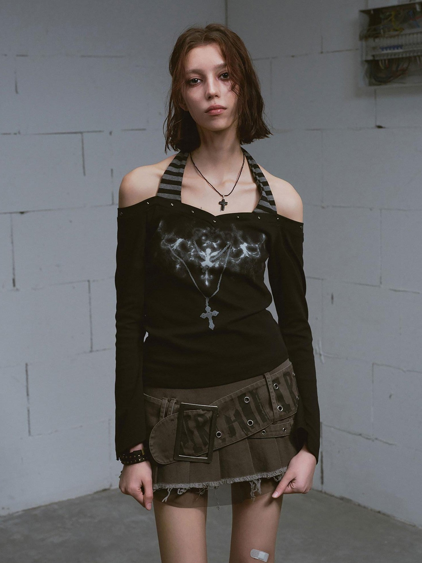 Cest Nous Studded Punk Print Off Shoulder Halter Women&