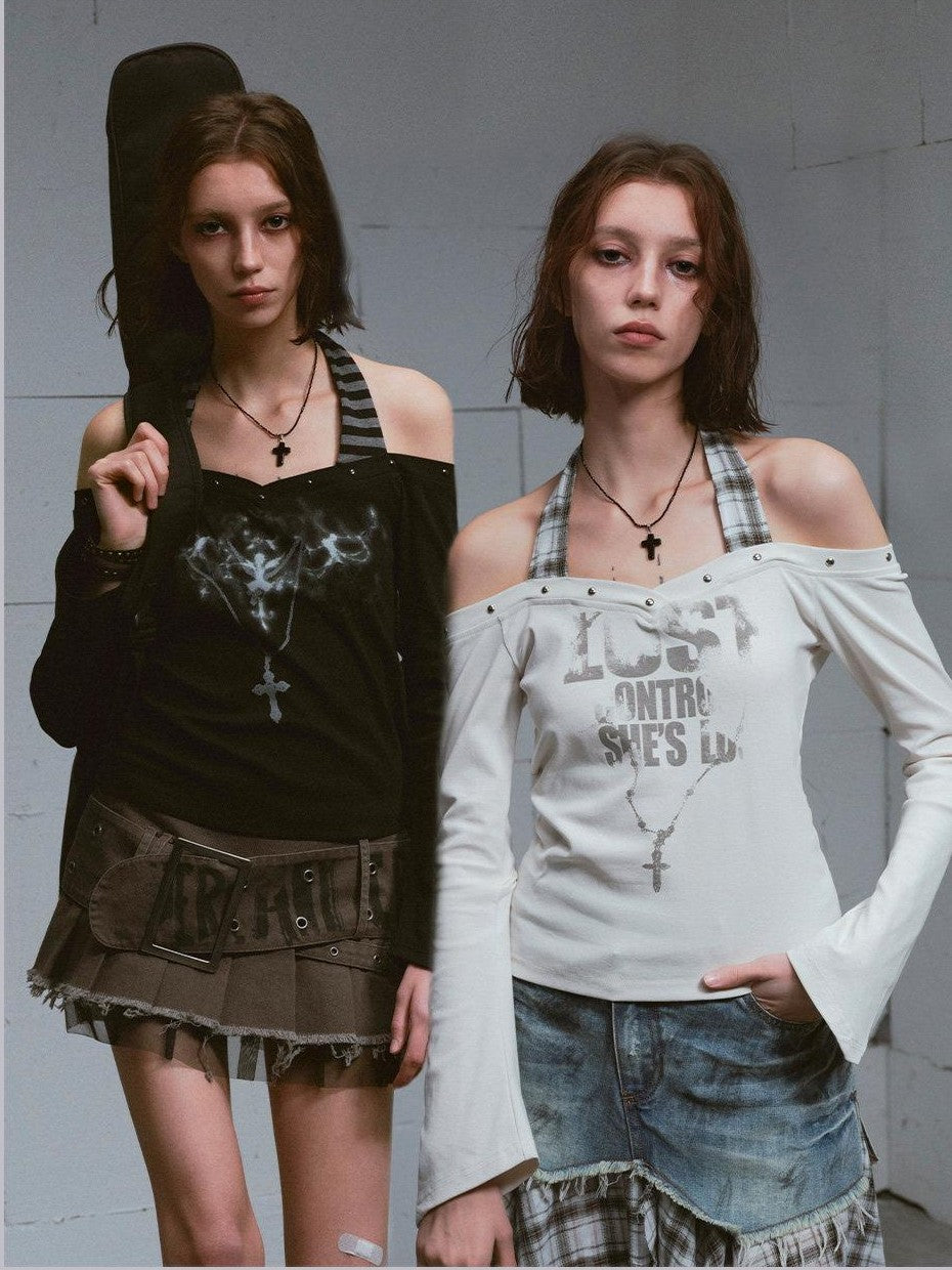 Cest Nous Studded Punk Print Off Shoulder Halter Women&