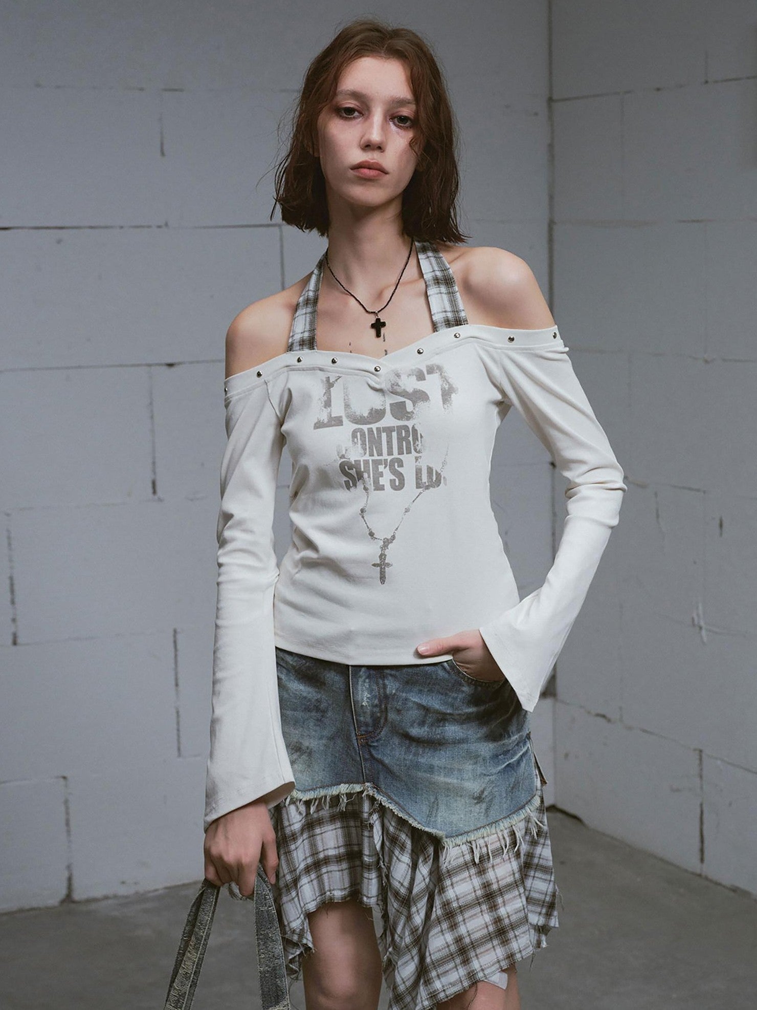 Cest Nous Studded Punk Print Off Shoulder Halter Women&