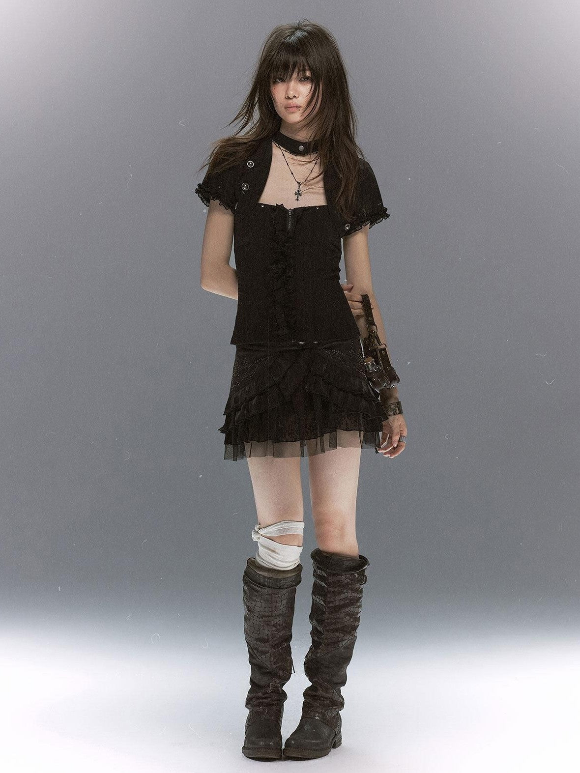 Cest Nous Textured Ruffle Lace Spliced Punk Fitted Women&