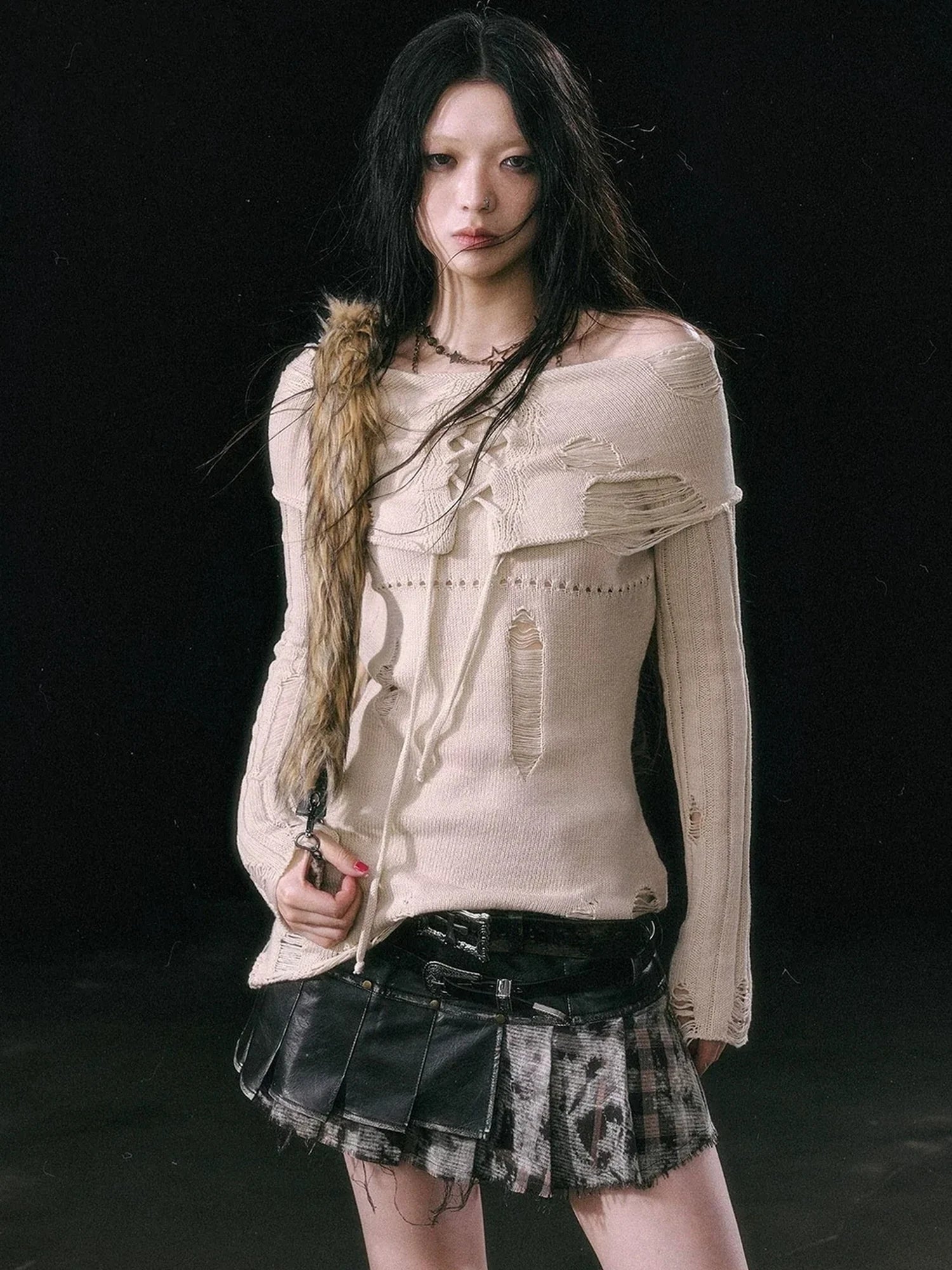 Chinese Clothing Cest Nous Update Asymmetrical Hollow Knit Turtleneck Sweater
